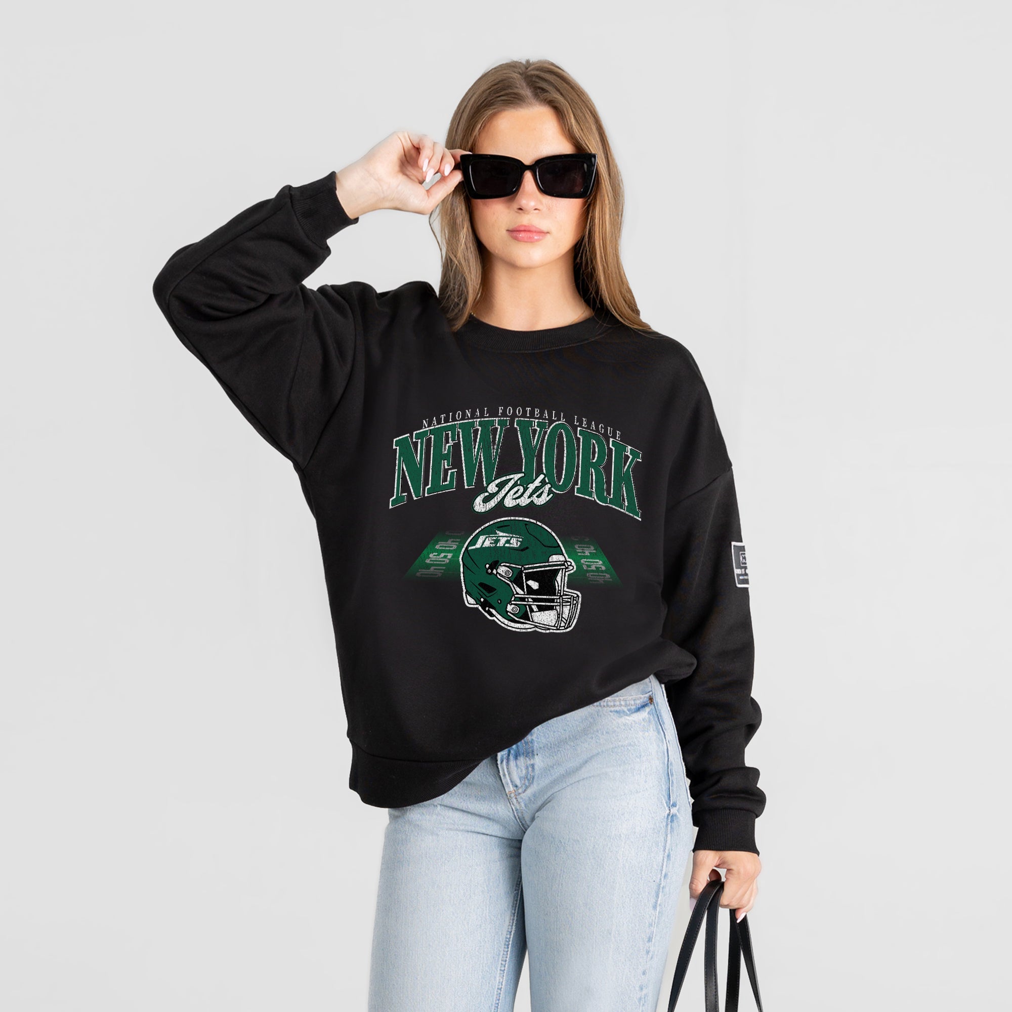 NEW YORK JETS FIELD FOCUS BLACK LABEL PREMIUM FLEECE DROP SHOULDER CREWNECK