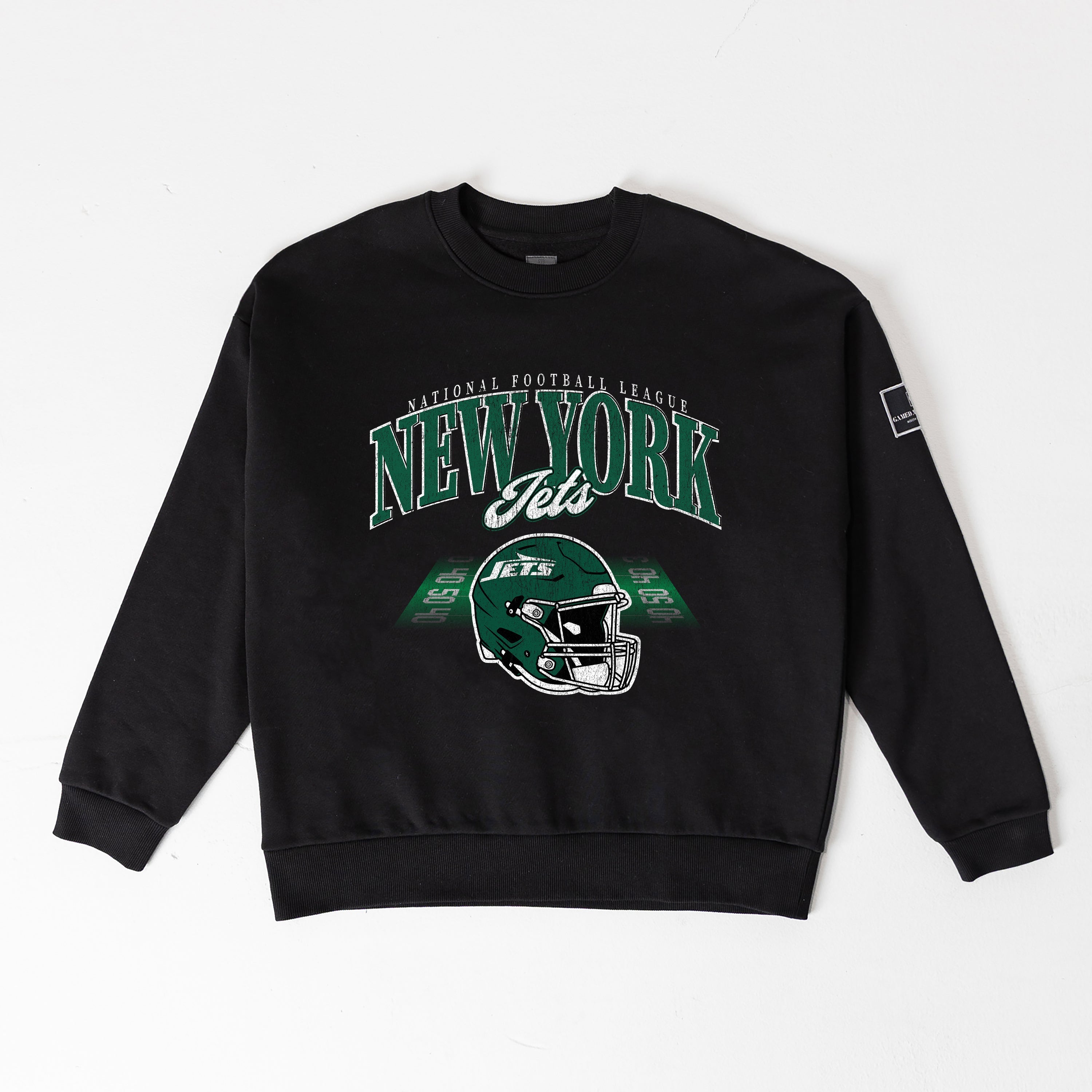 NEW YORK JETS FIELD FOCUS BLACK LABEL PREMIUM FLEECE DROP SHOULDER CREWNECK