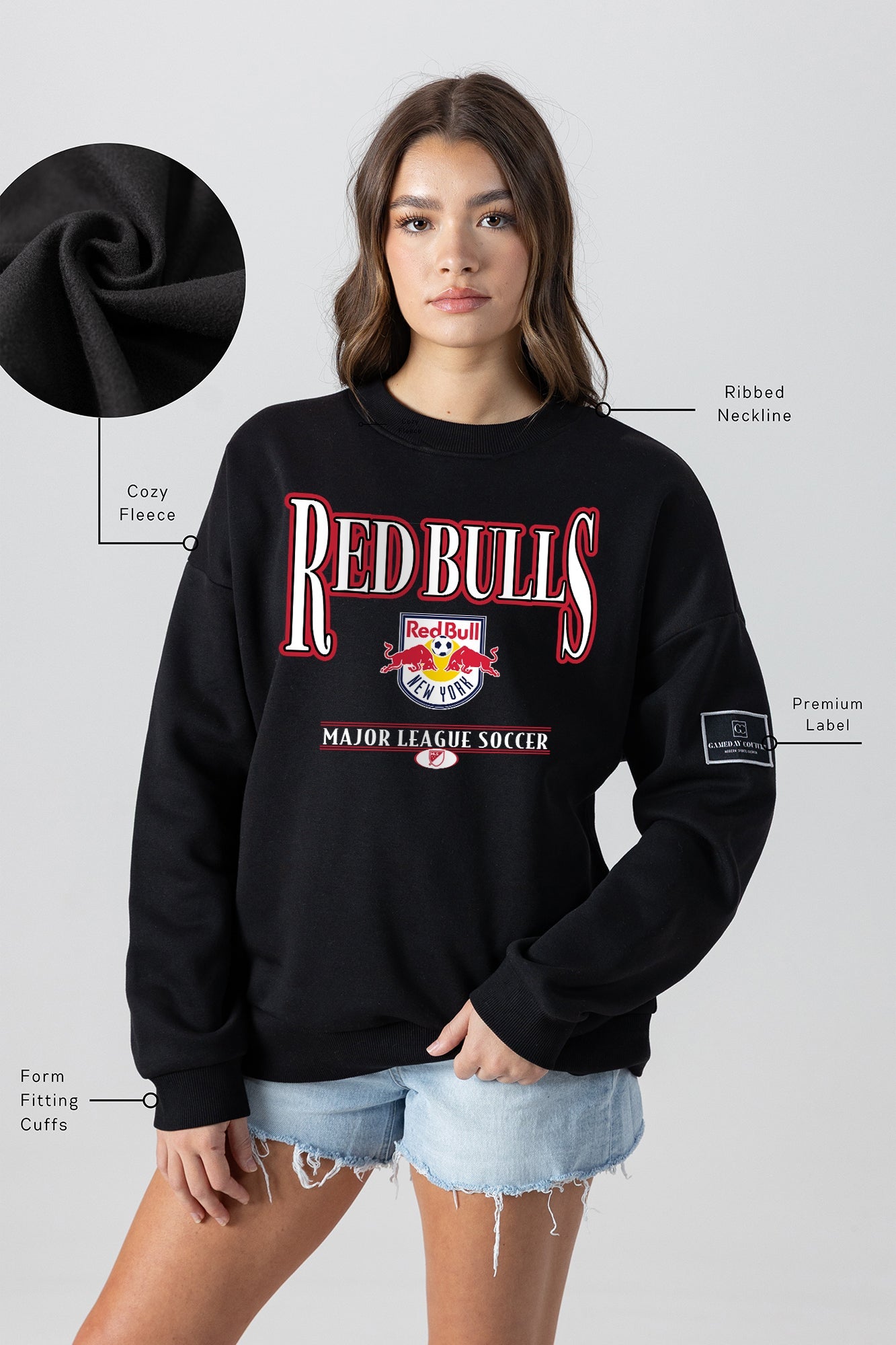 NEW YORK RED BULLS PLAYERS ONLY BLACK LABEL PREMIUM FLEECE DROP SHOULDER CREWNECK