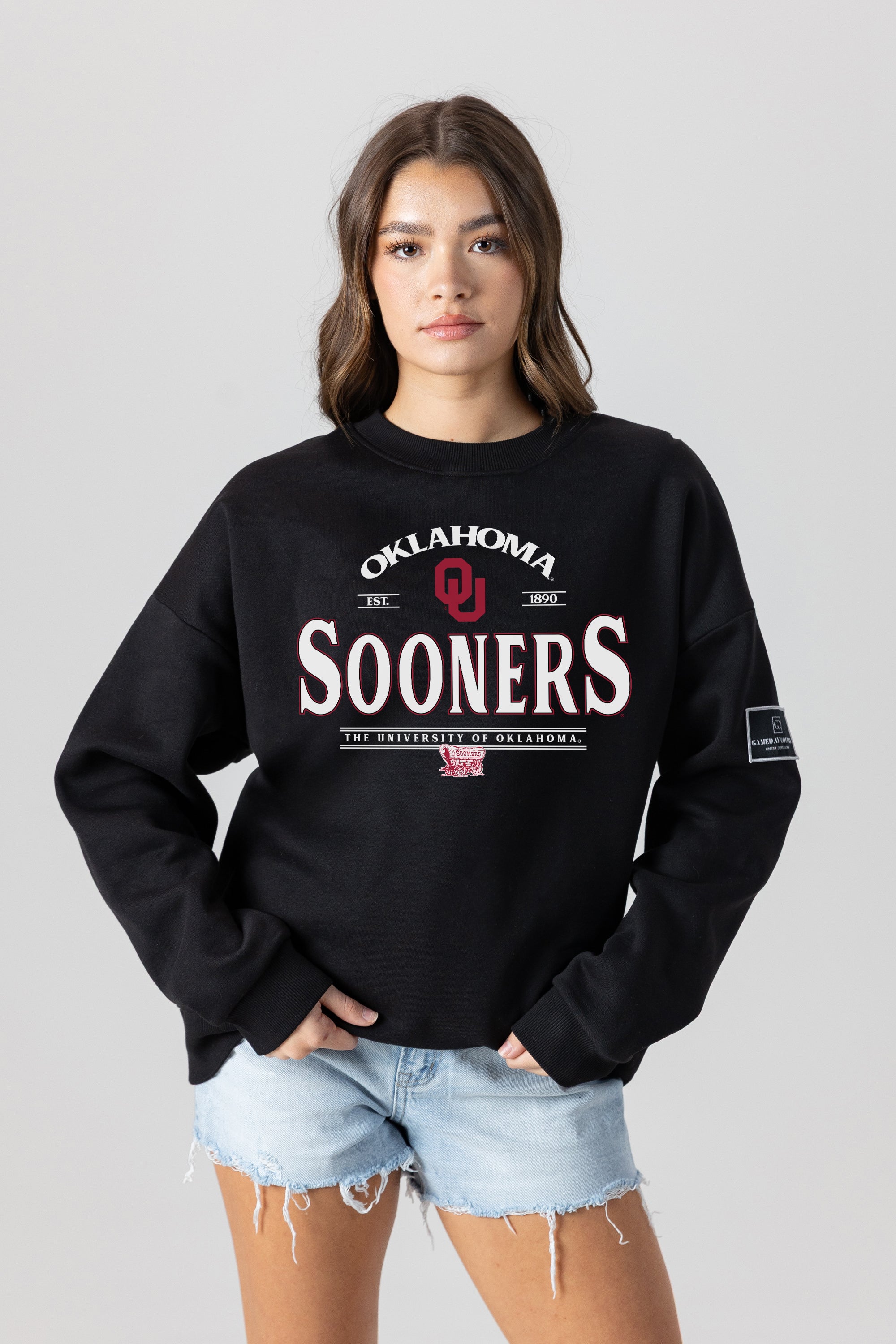 OKLAHOMA SOONERS PLAYERS ONLY BLACK LABEL PREMIUM FLEECE DROP SHOULDER CREWNECK