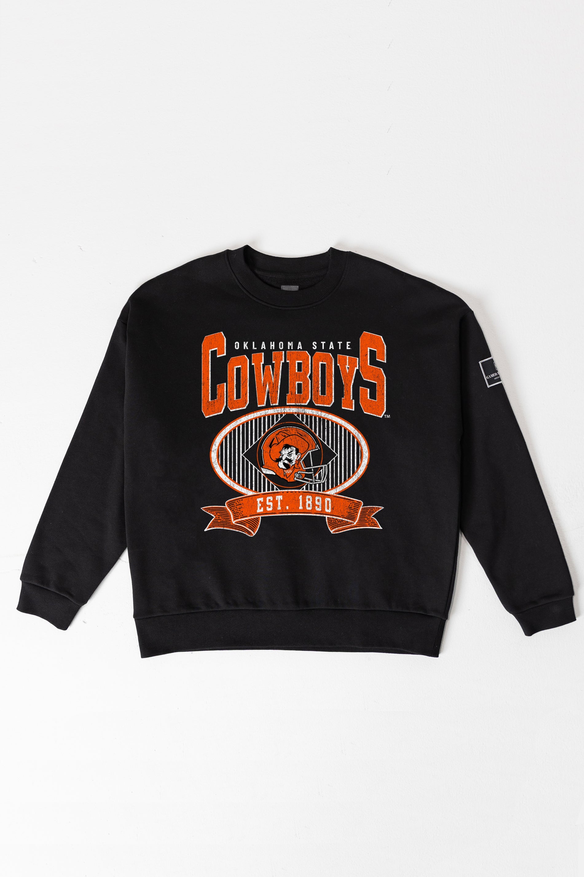 OKLAHOMA STATE COWBOYS BOLD CHEERS BLACK LABEL PREMIUM FLEECE CREW SWEATSHIRT