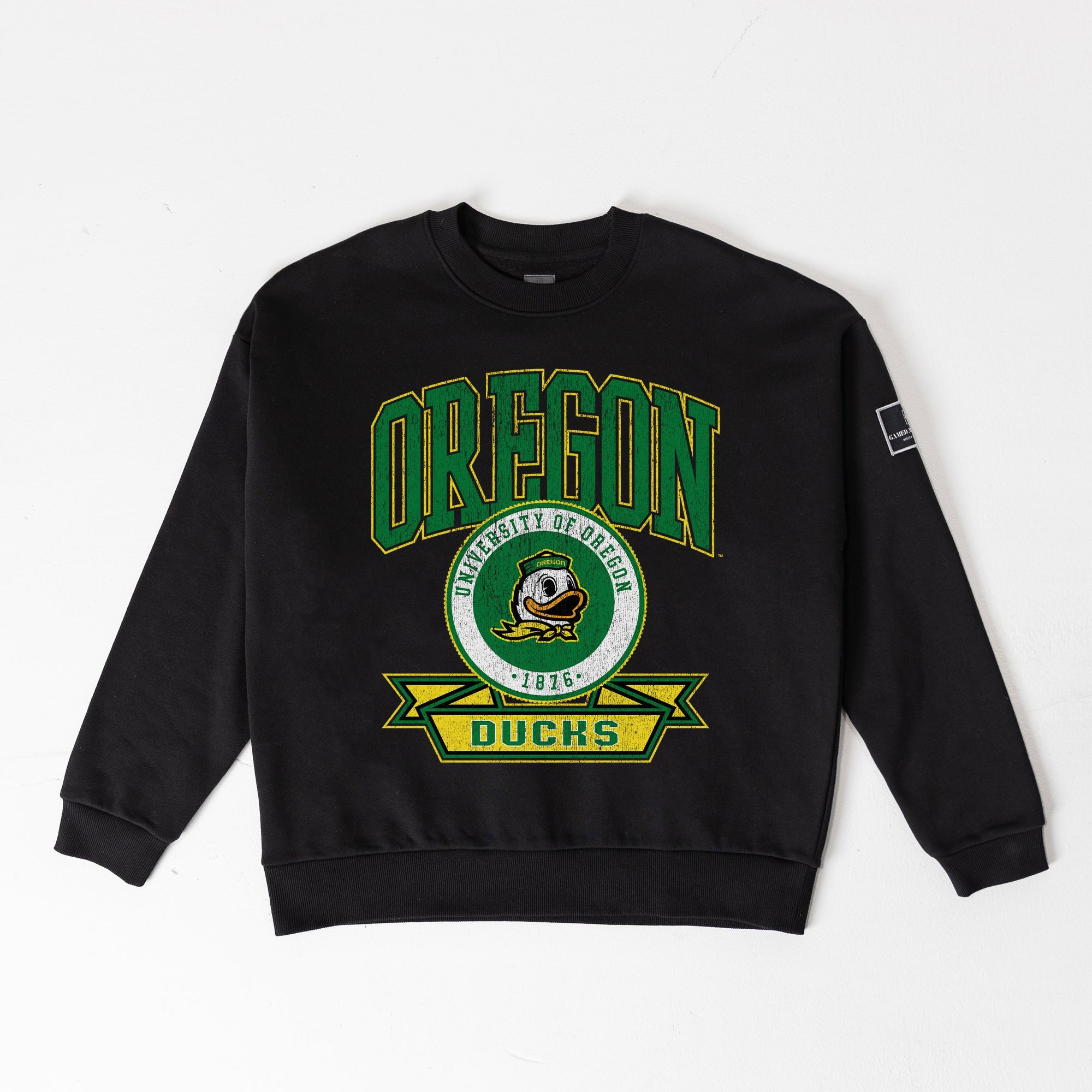 OREGON DUCKS VICTORY LANE BLACK LABEL PREMIUM FLEECE DROP SHOULDER CREWNECK