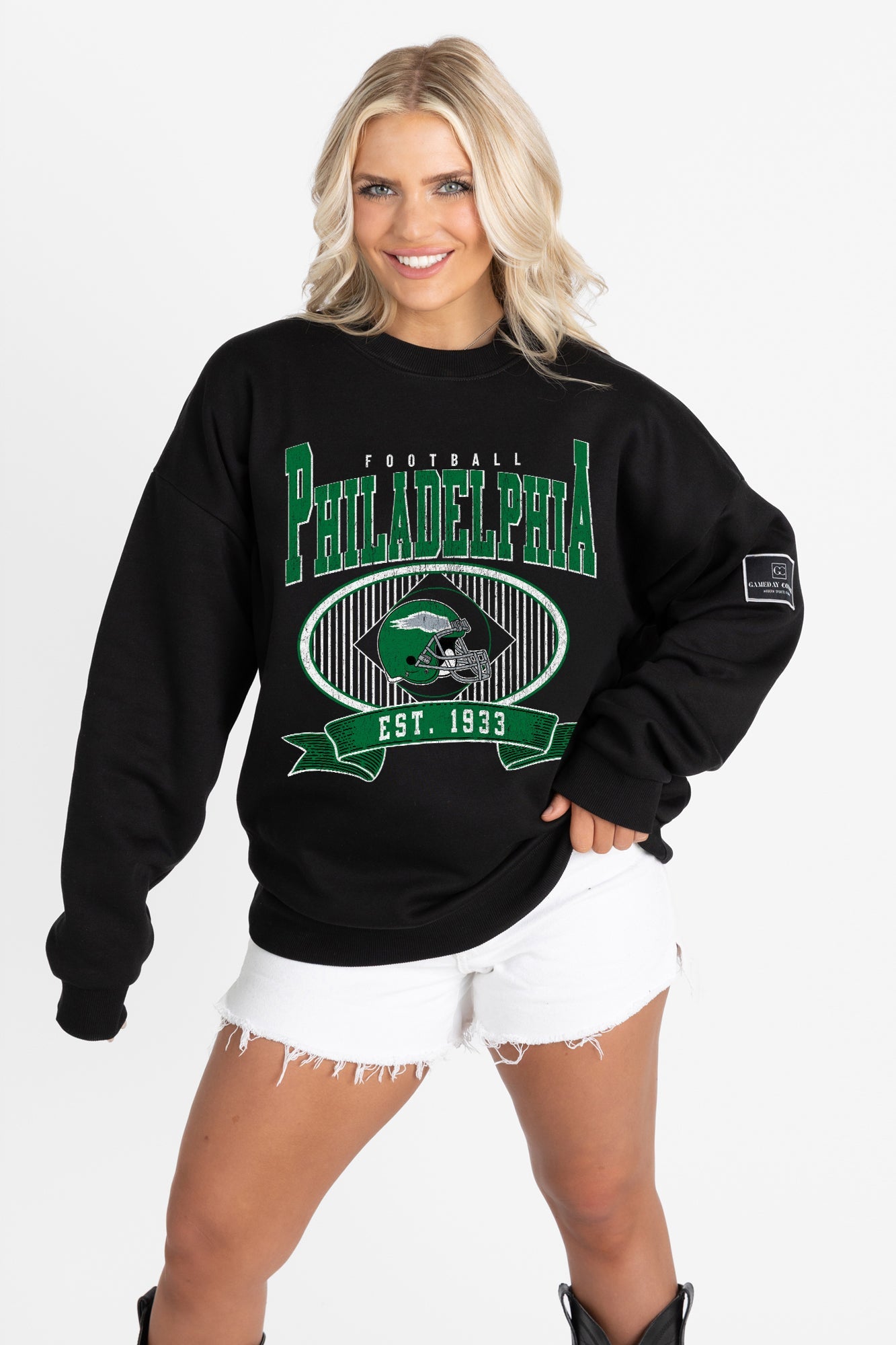 PHILADELPHIA EAGLES BOLD CHEERS BLACK LABEL PREMIUM FLEECE CREW SWEATSHIRT