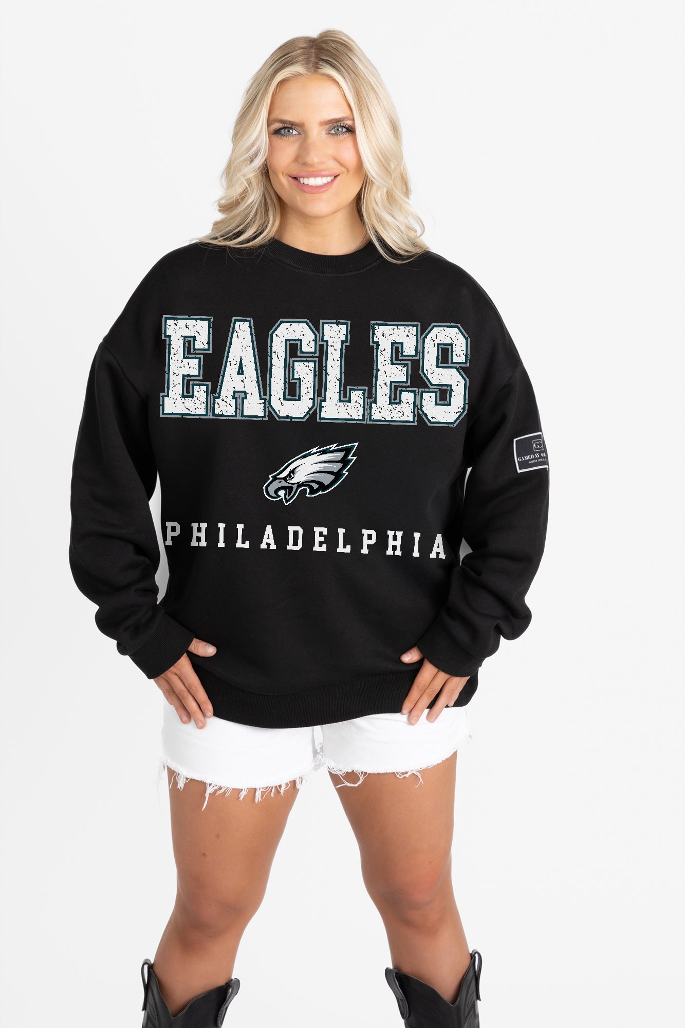 PHILADELPHIA EAGLES LEVEL UP BLACK LABEL PREMIUM FLEECE CREW SWEATSHIRT