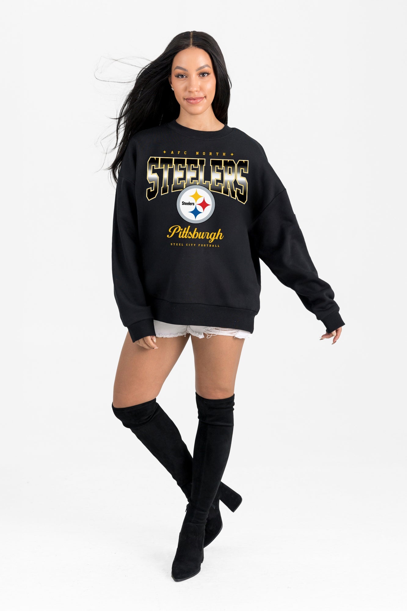 PITTSBURGH STEELERS POWERHOUSE PLAY BLACK LABEL PREMIUM FLEECE CREW SWEATSHIRT