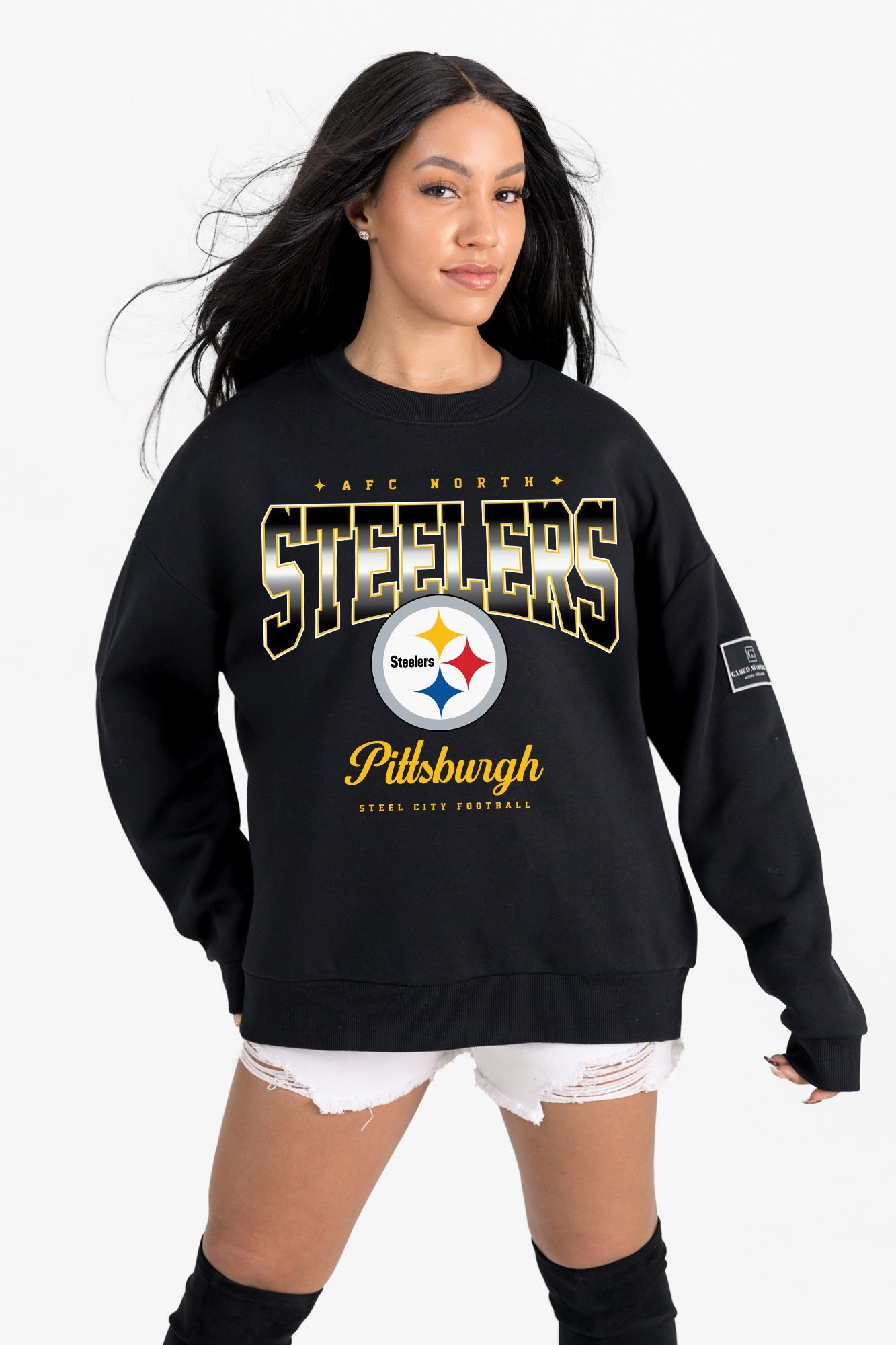 PITTSBURGH STEELERS POWERHOUSE PLAY BLACK LABEL PREMIUM FLEECE CREW SWEATSHIRT