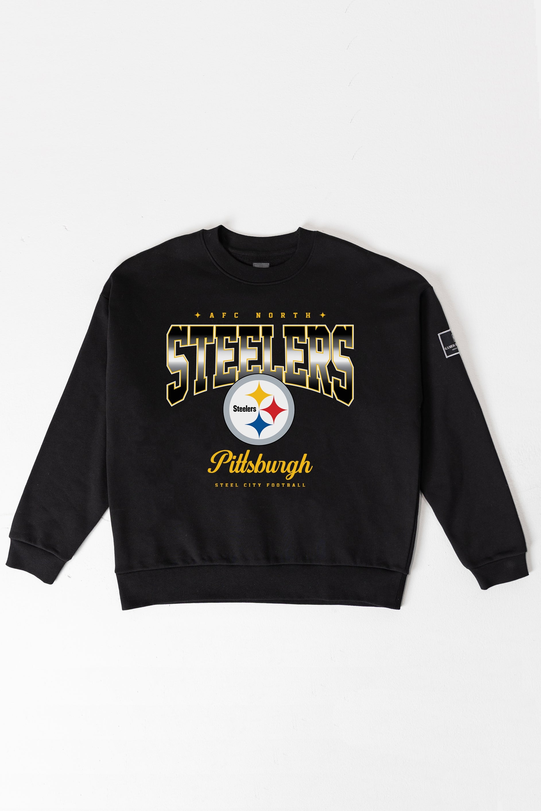 PITTSBURGH STEELERS POWERHOUSE PLAY BLACK LABEL PREMIUM FLEECE CREW SWEATSHIRT