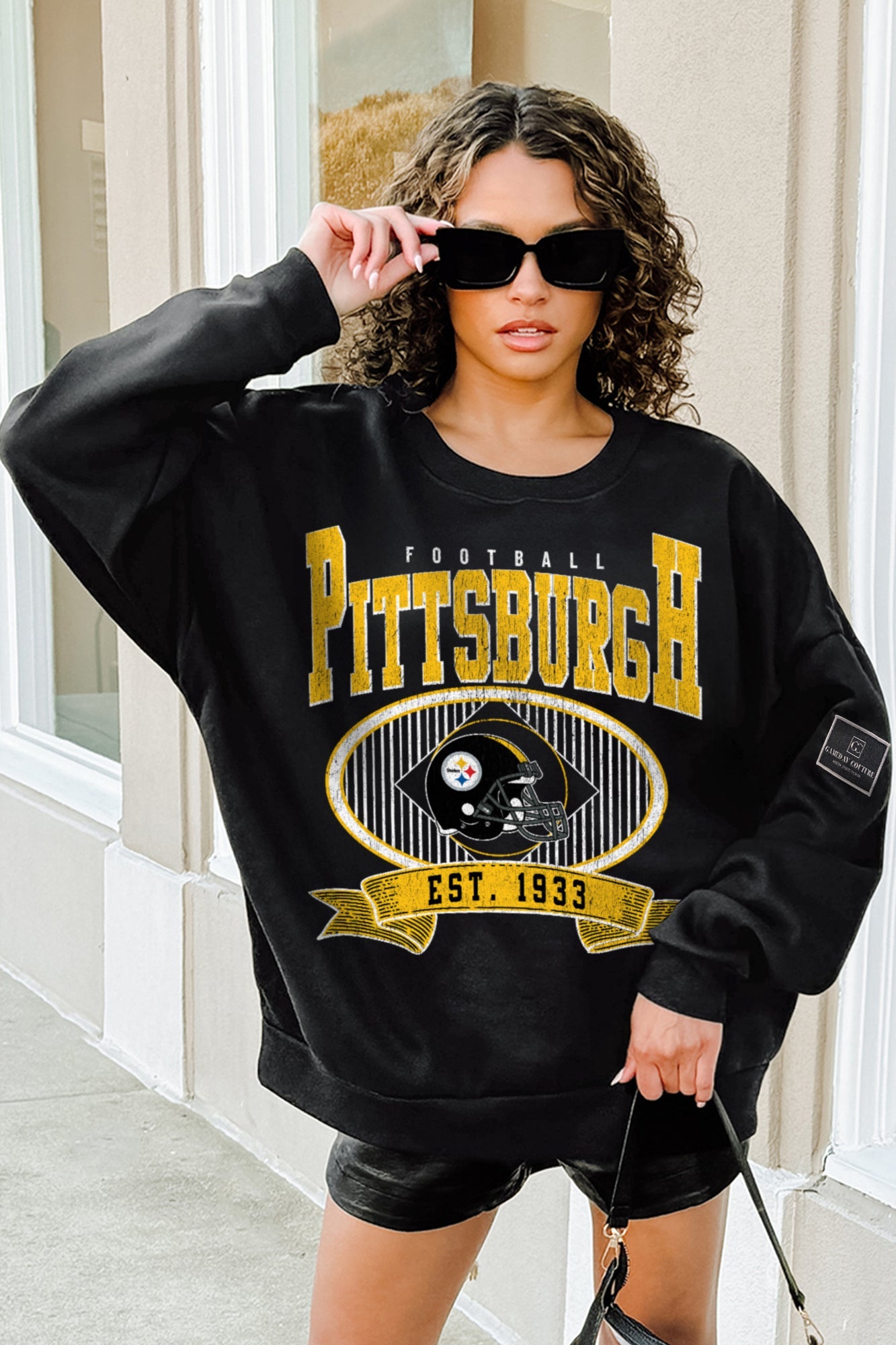 PITTSBURGH STEELERS BOLD CHEERS BLACK LABEL PREMIUM FLEECE CREW SWEATSHIRT