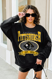 PITTSBURGH STEELERS BOLD CHEERS BLACK LABEL PREMIUM FLEECE CREW SWEATSHIRT