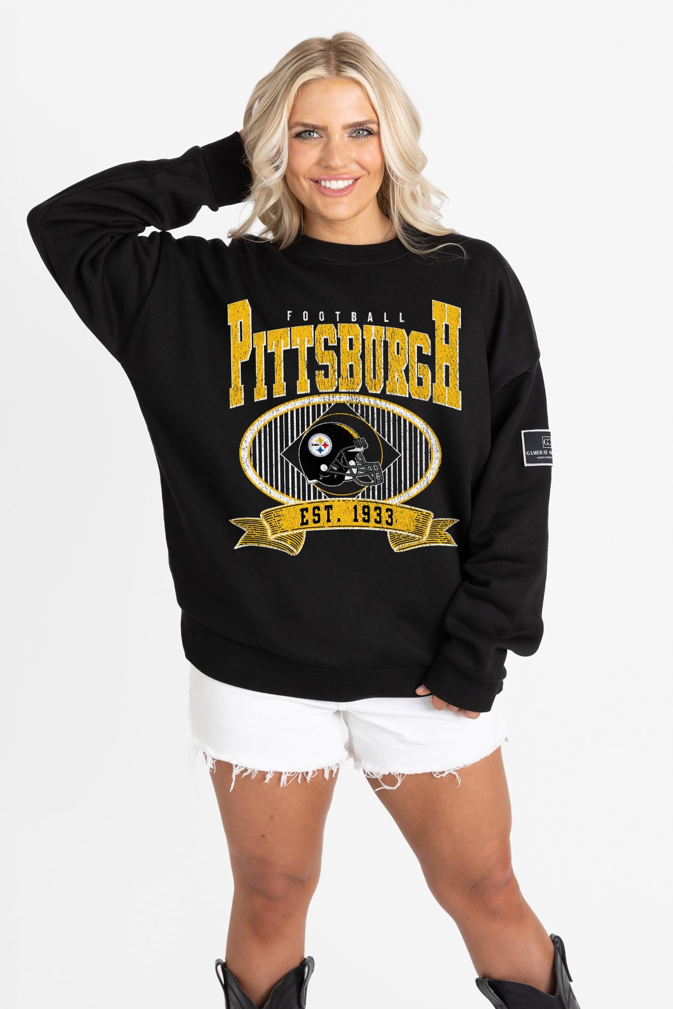 PITTSBURGH STEELERS BOLD CHEERS BLACK LABEL PREMIUM FLEECE CREW SWEATSHIRT