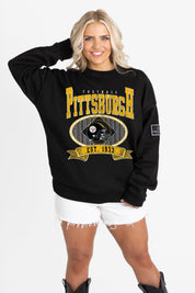 PITTSBURGH STEELERS BOLD CHEERS BLACK LABEL PREMIUM FLEECE CREW SWEATSHIRT
