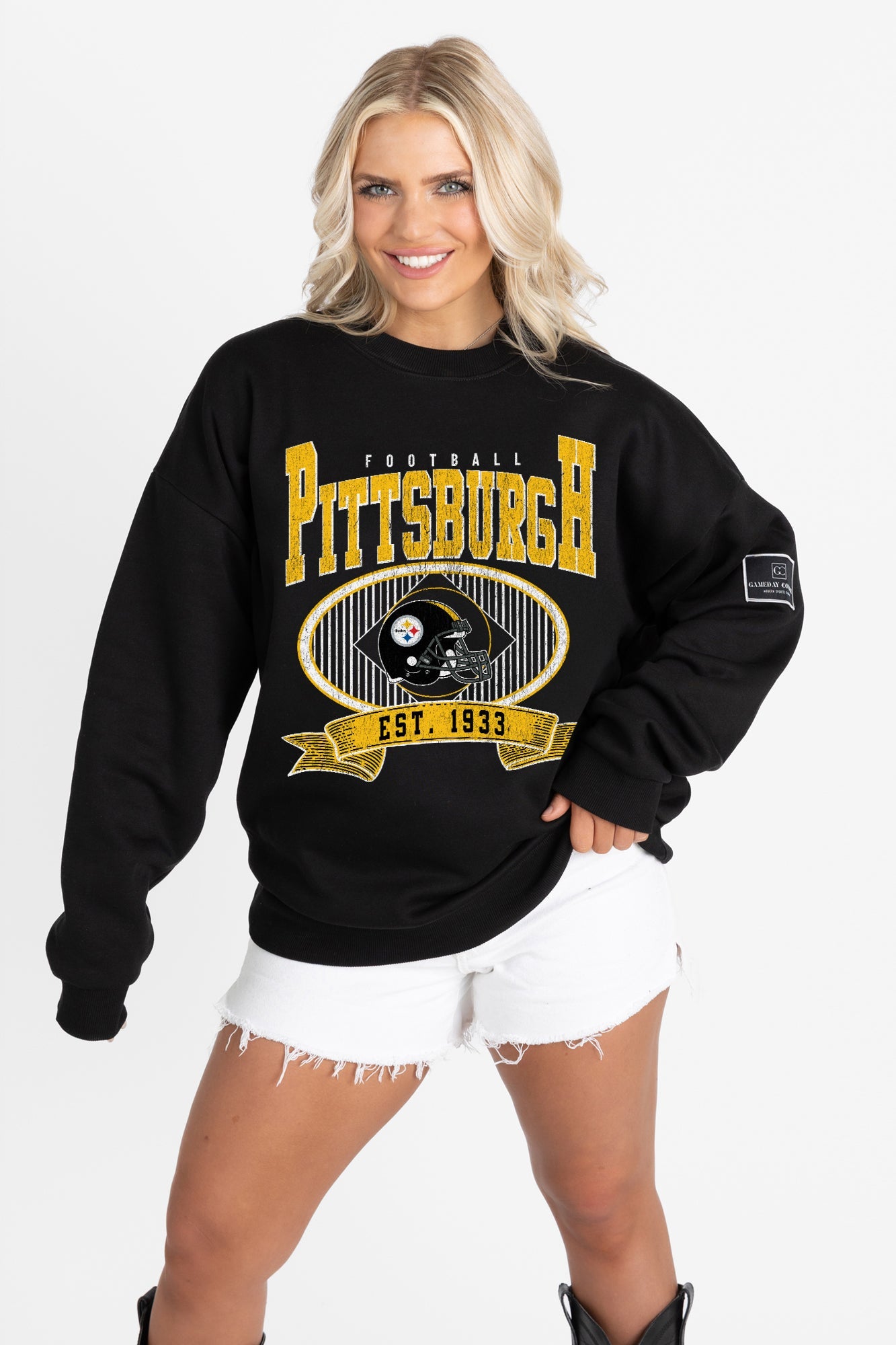PITTSBURGH STEELERS BOLD CHEERS BLACK LABEL PREMIUM FLEECE CREW SWEATSHIRT
