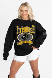 PITTSBURGH STEELERS BOLD CHEERS BLACK LABEL PREMIUM FLEECE CREW SWEATSHIRT
