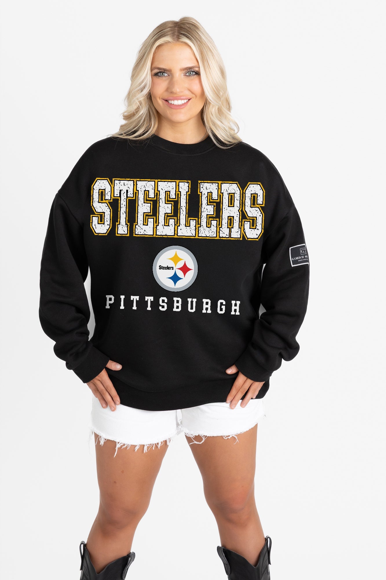 PITTSBURGH STEELERS LEVEL UP BLACK LABEL PREMIUM FLEECE CREW SWEATSHIRT