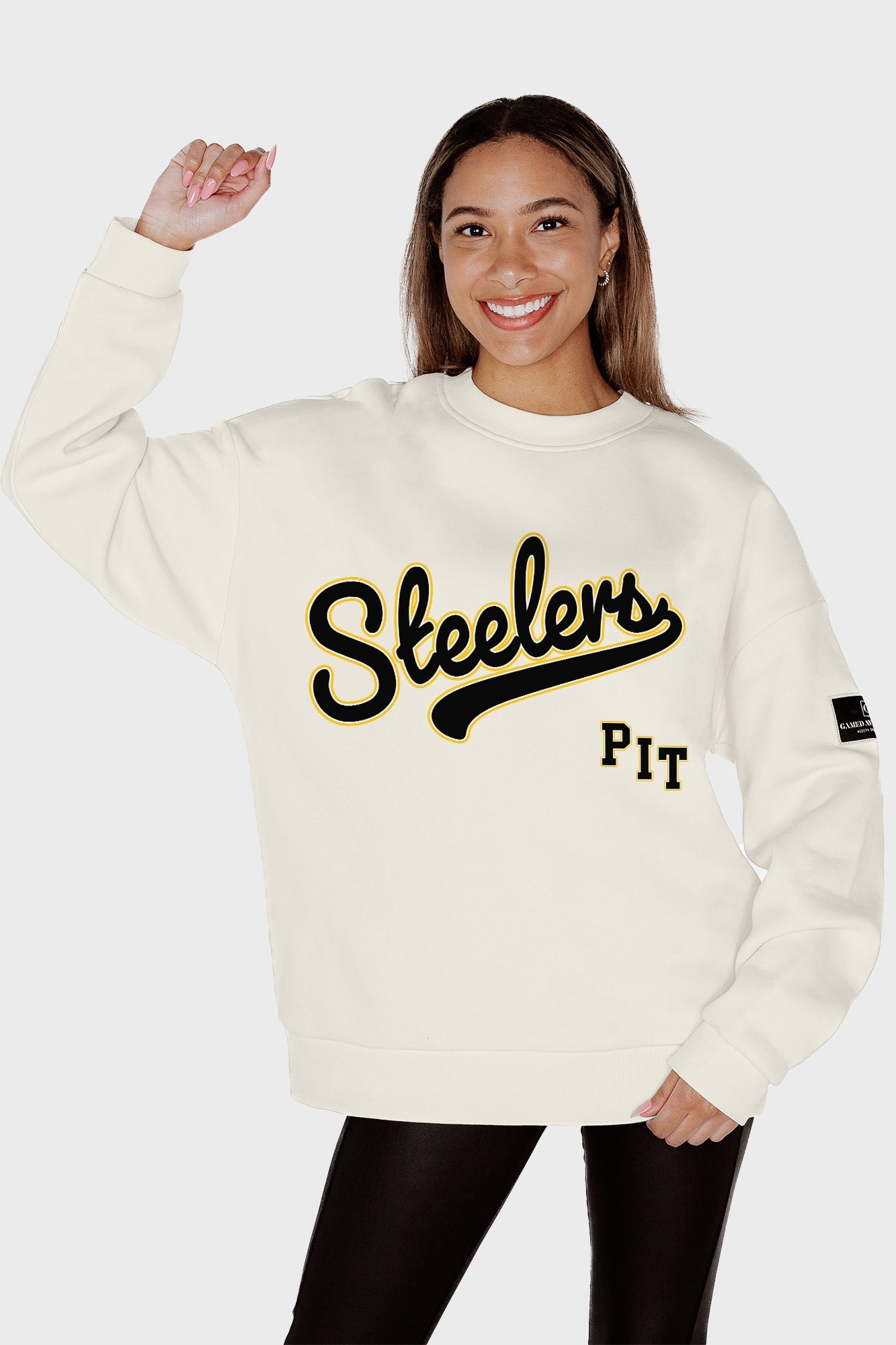 PITTSBURGH STEELERS CLUTCH MOVE BLACK LABEL PREMIUM FLEECE CREW SWEATSHIRT BY RANDI MAHOMES