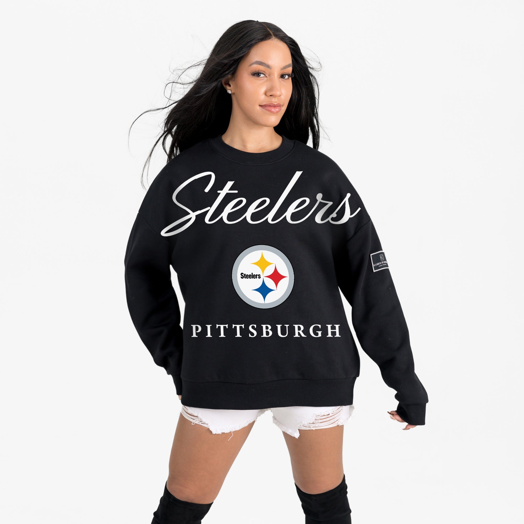PITTSBURGH STEELERS LEGACY CLUB BLACK LABEL PREMIUM FLEECE DROP SHOULDER CREWNECK