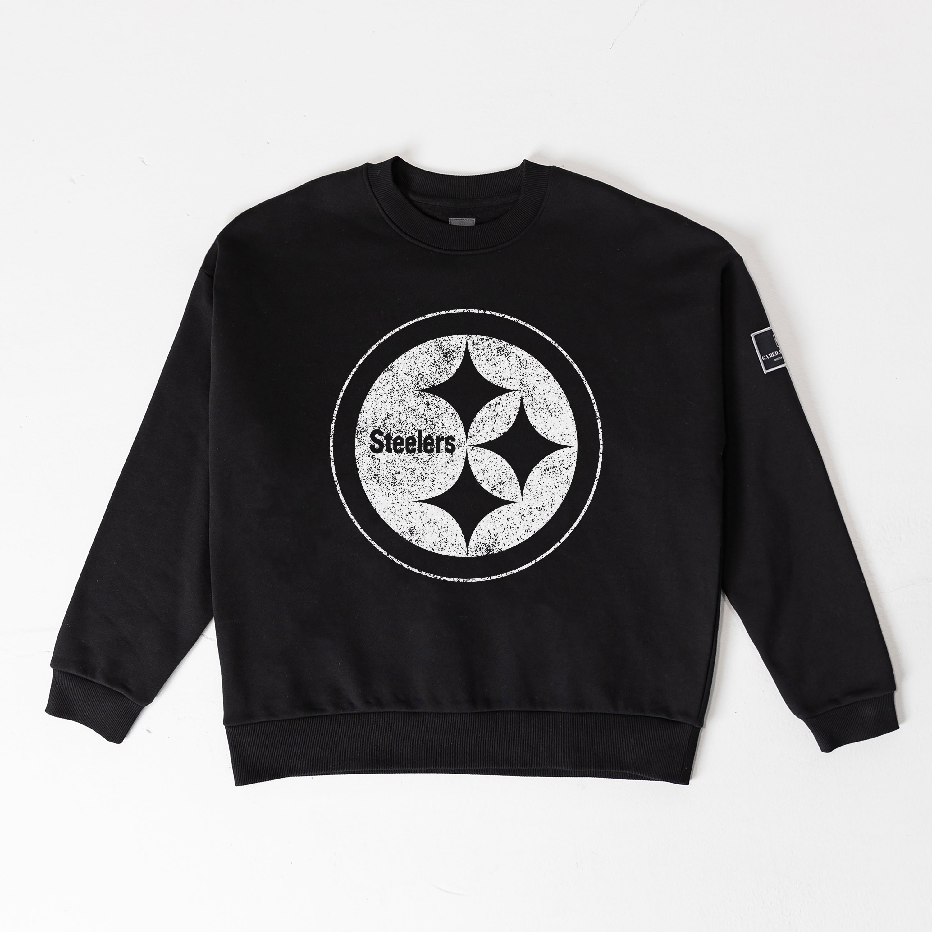 PITTSBURGH STEELERS BOLD MOVE BLACK LABEL PREMIUM FLEECE DROP SHOULDER CREWNECK