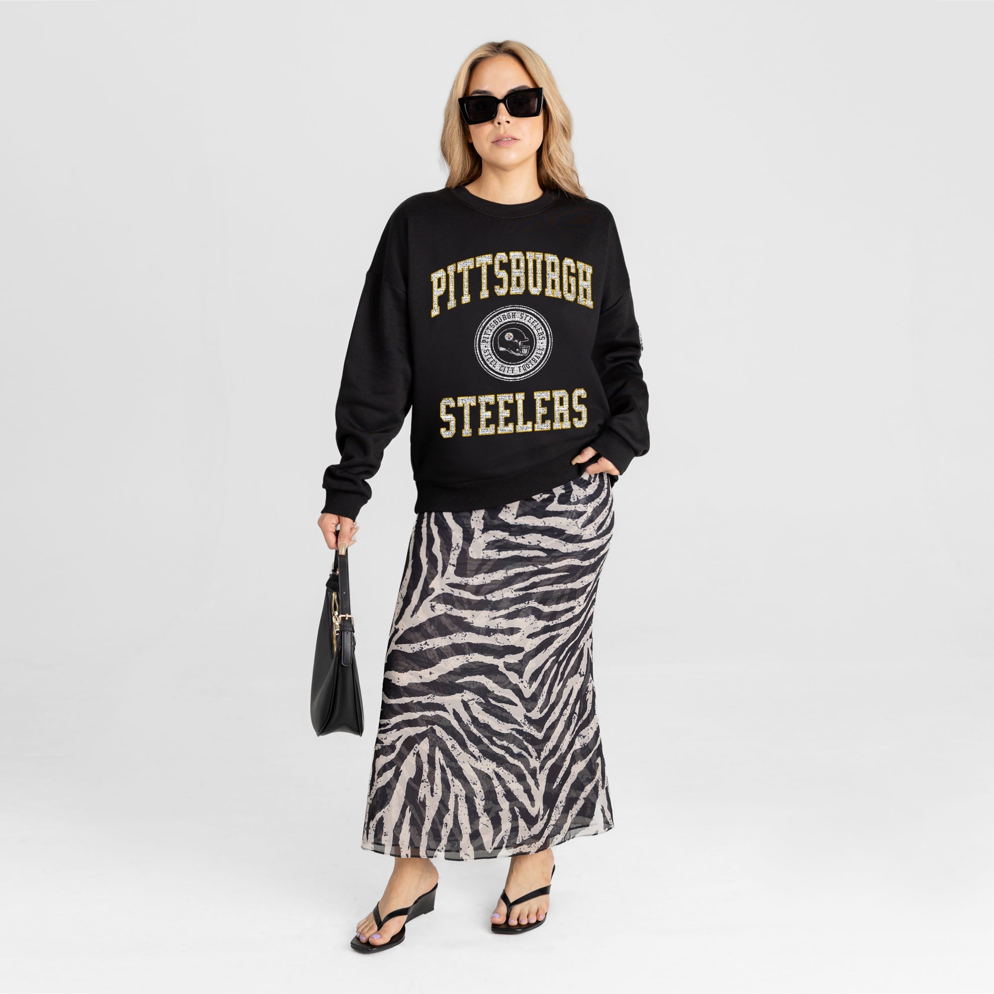 PITTSBURGH STEELERS FIERCE FLOW BLACK LABEL PREMIUM FLEECE DROP SHOULDER CREWNECK