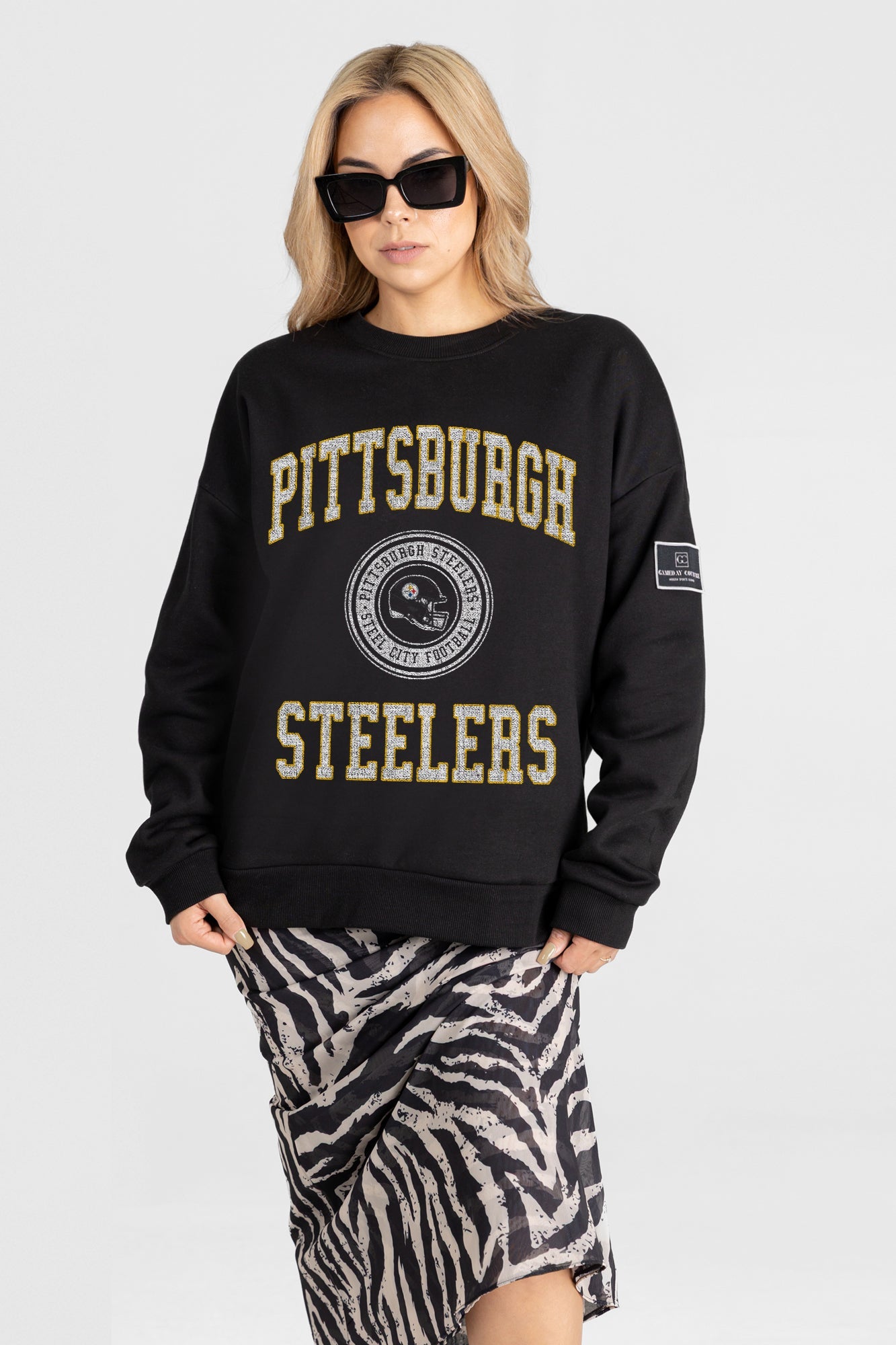 PITTSBURGH STEELERS FIERCE FLOW BLACK LABEL PREMIUM FLEECE DROP SHOULDER CREWNECK