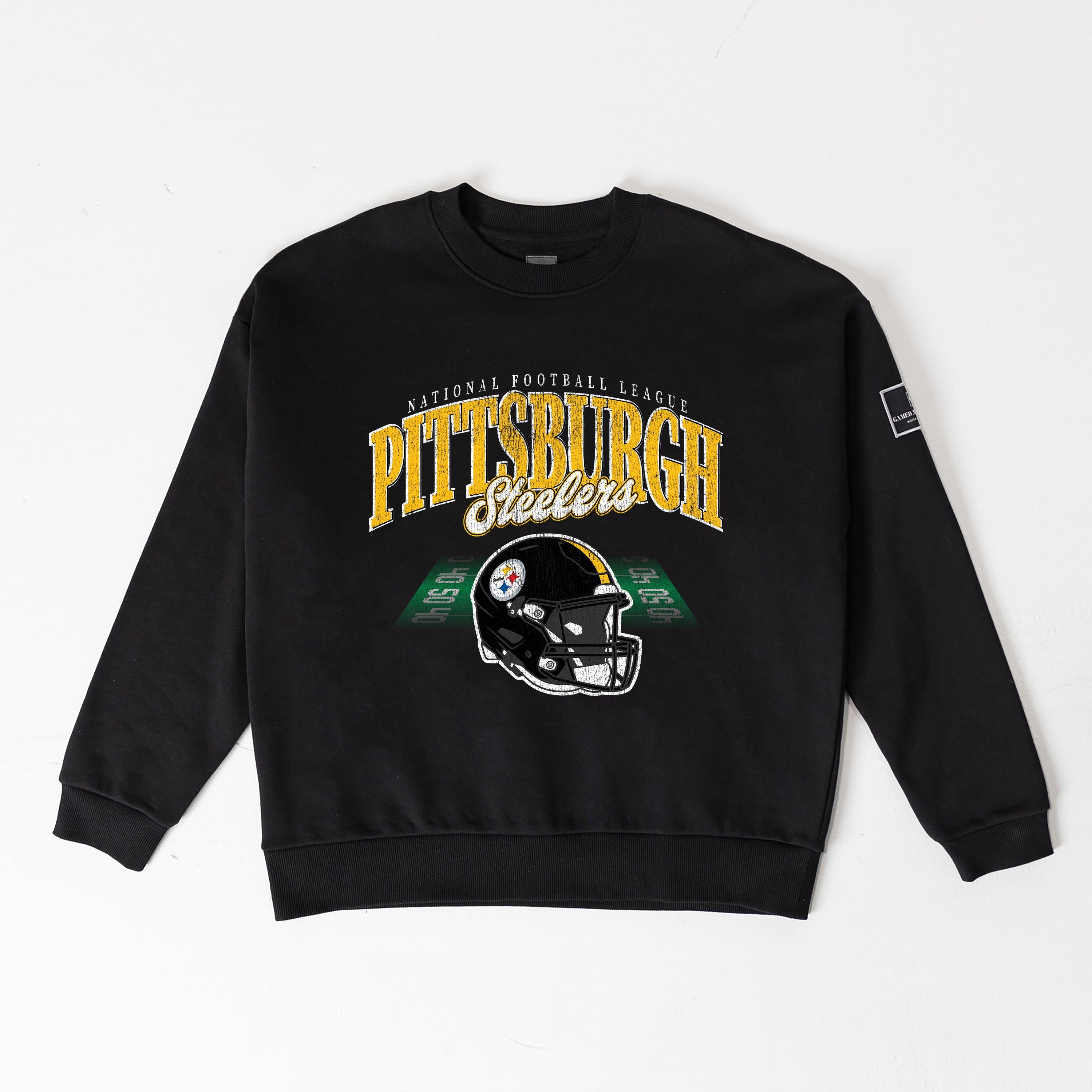 PITTSBURGH STEELERS FIELD FOCUS BLACK LABEL PREMIUM FLEECE DROP SHOULDER CREWNECK