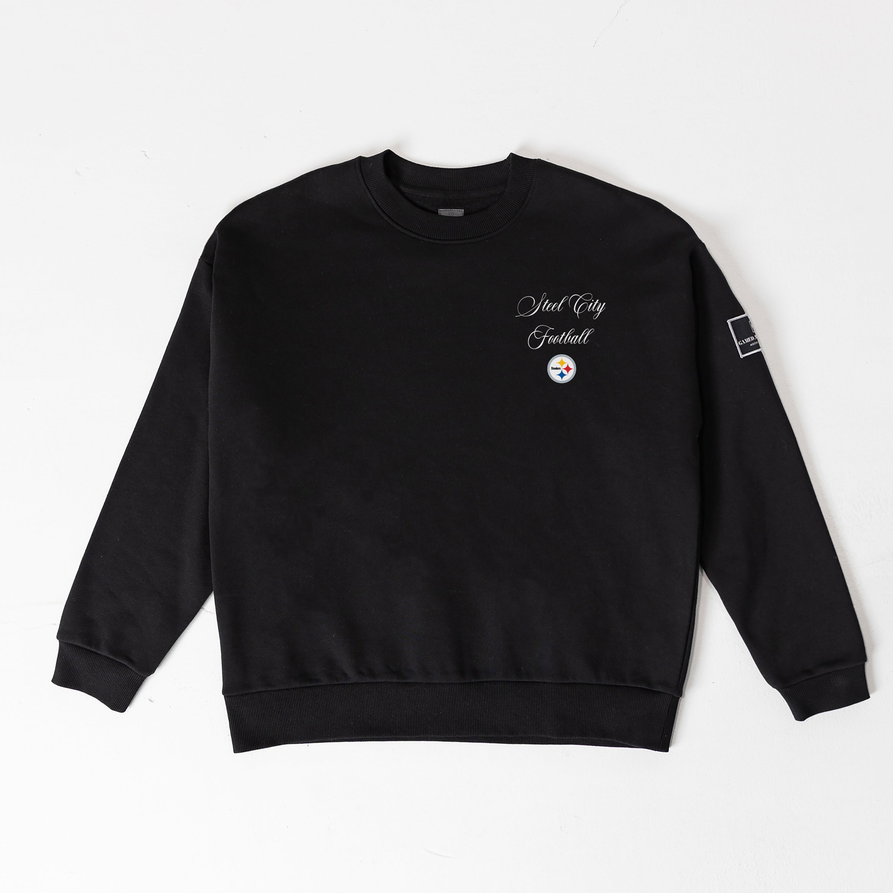 PITTSBURGH STEELERS CLASSIC CHARM BLACK LABEL PREMIUM FLEECE DROP SHOULDER CREWNECK
