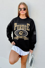 PURDUE BOILERMAKERS BOLD CHEERS BLACK LABEL PREMIUM FLEECE CREW SWEATSHIRT