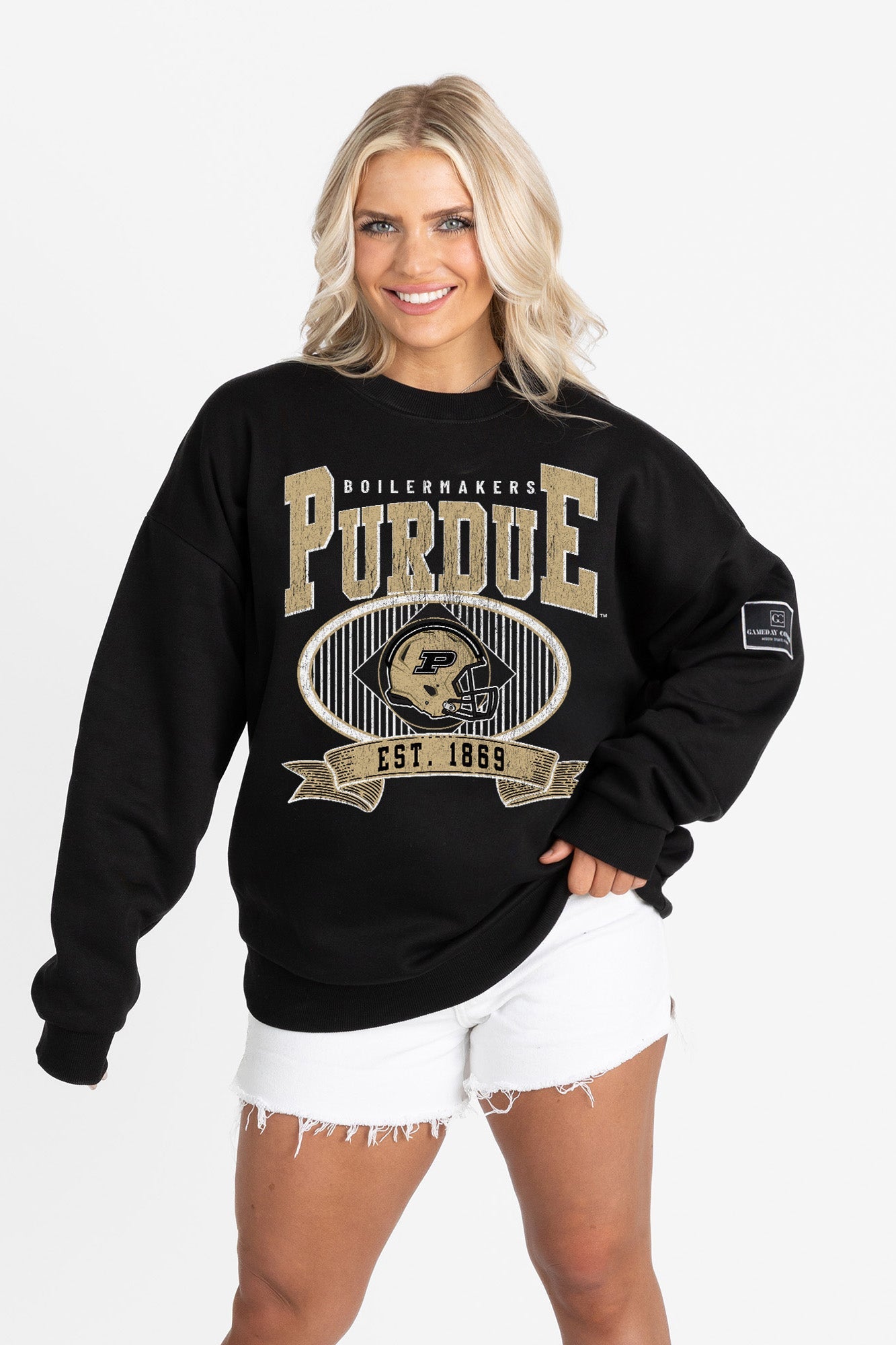 PURDUE BOILERMAKERS BOLD CHEERS BLACK LABEL PREMIUM FLEECE CREW SWEATSHIRT