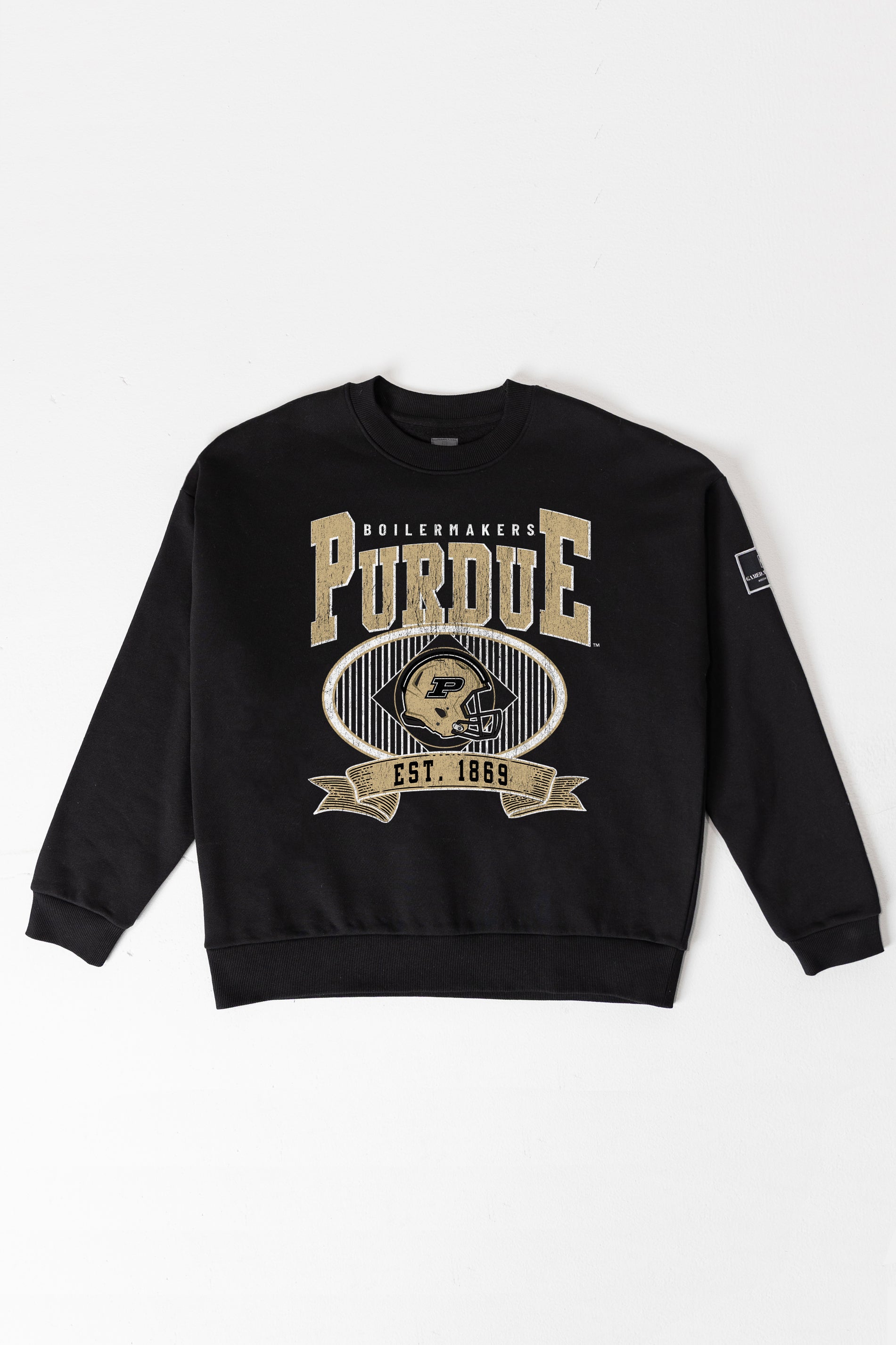 PURDUE BOILERMAKERS BOLD CHEERS BLACK LABEL PREMIUM FLEECE CREW SWEATSHIRT