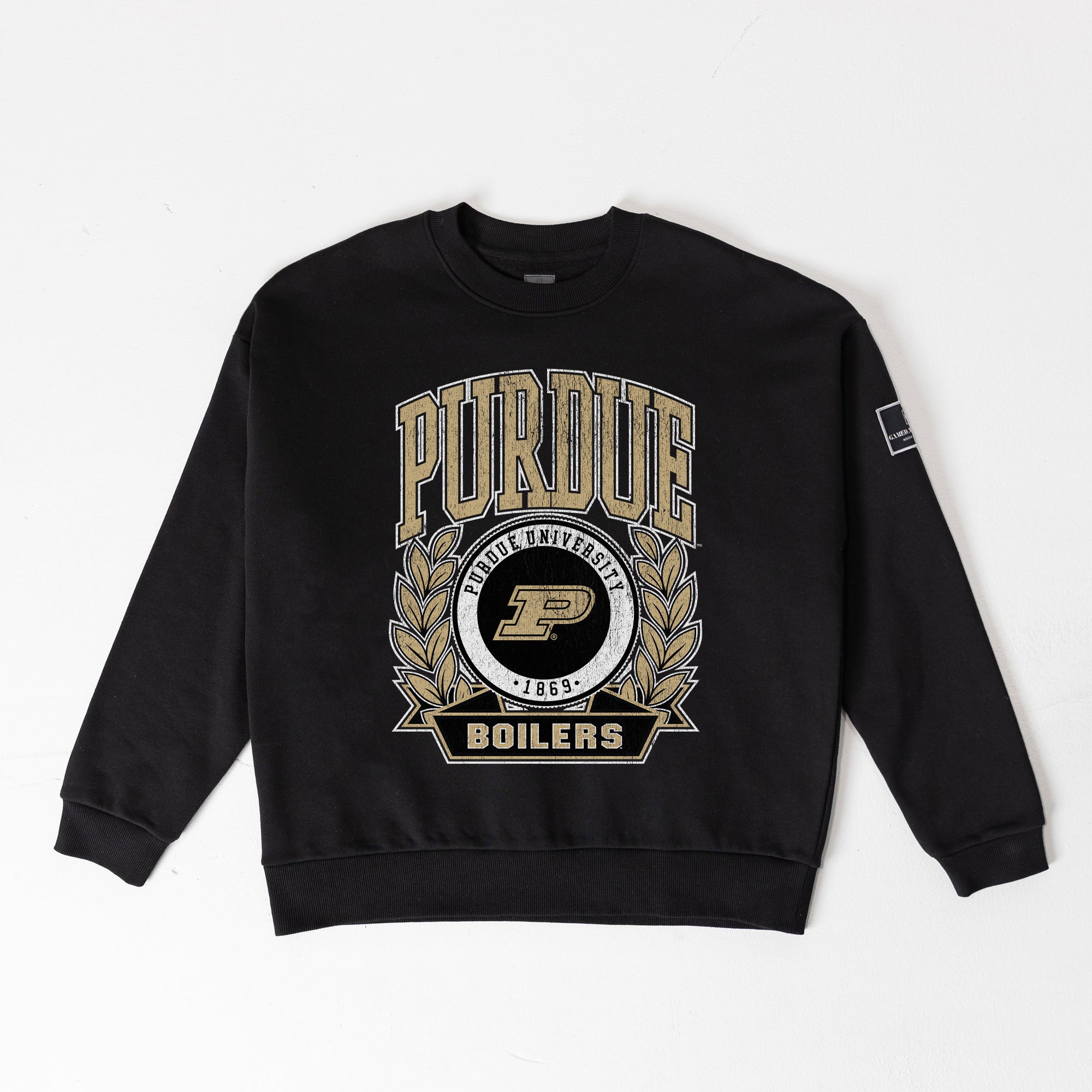 PURDUE BOILERMAKERS VICTORY LANE BLACK LABEL PREMIUM FLEECE DROP SHOULDER CREWNECK
