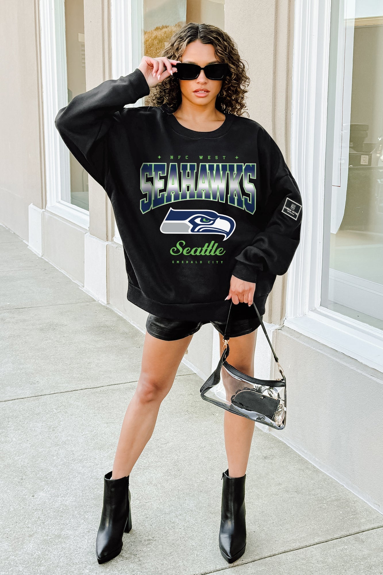 SEATTLE SEAHAWKS POWERHOUSE PLAY BLACK LABEL PREMIUM FLEECE CREW SWEATSHIRT