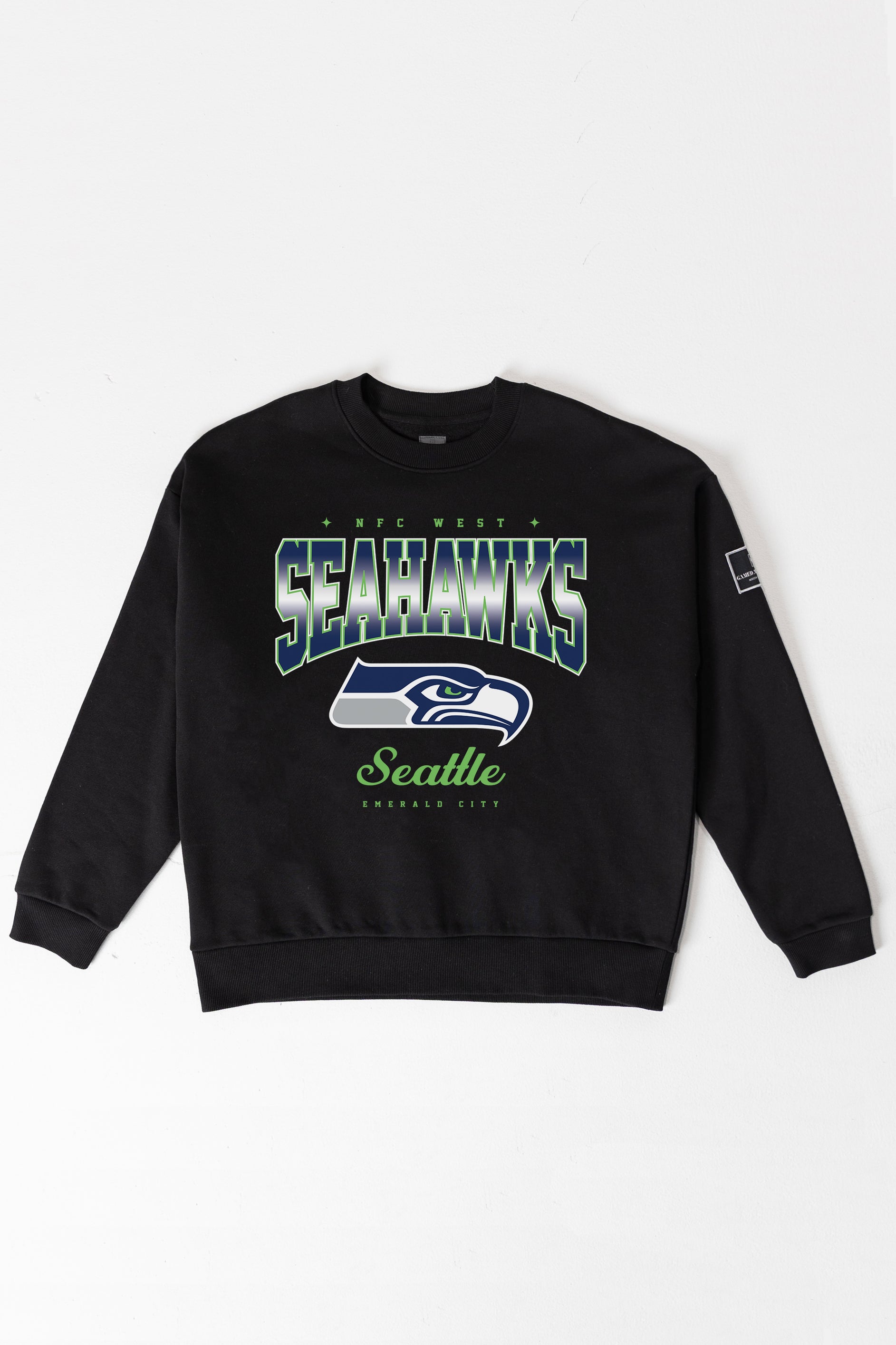 SEATTLE SEAHAWKS POWERHOUSE PLAY BLACK LABEL PREMIUM FLEECE CREW SWEATSHIRT