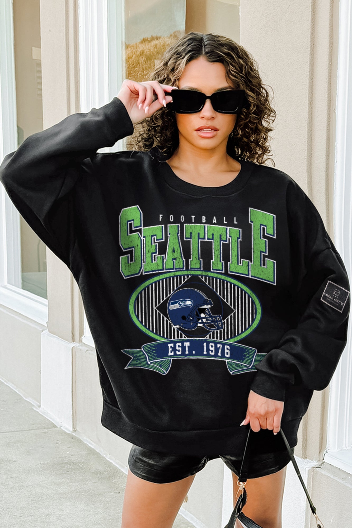 SEATTLE SEAHAWKS BOLD CHEERS BLACK LABEL PREMIUM FLEECE CREW SWEATSHIRT