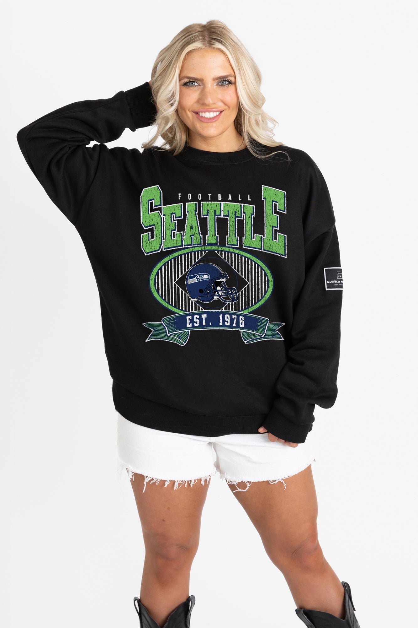 SEATTLE SEAHAWKS BOLD CHEERS BLACK LABEL PREMIUM FLEECE CREW SWEATSHIRT