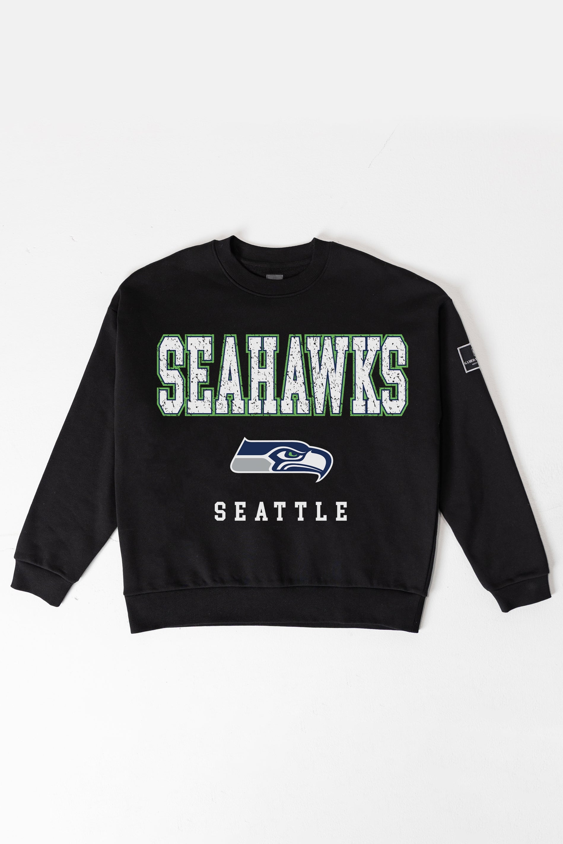 SEATTLE SEAHAWKS LEVEL UP BLACK LABEL PREMIUM FLEECE CREW SWEATSHIRT