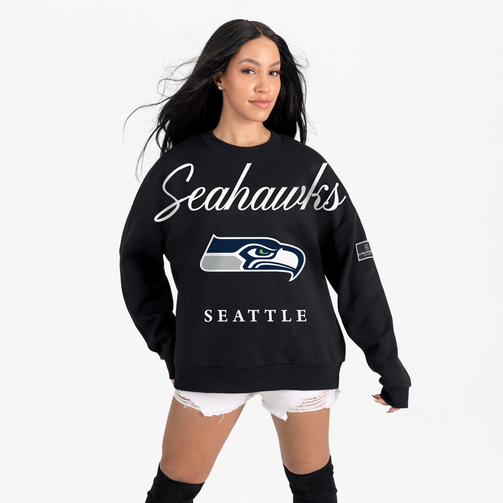 SEATTLE SEAHAWKS LEGACY CLUB BLACK LABEL PREMIUM FLEECE DROP SHOULDER CREWNECK