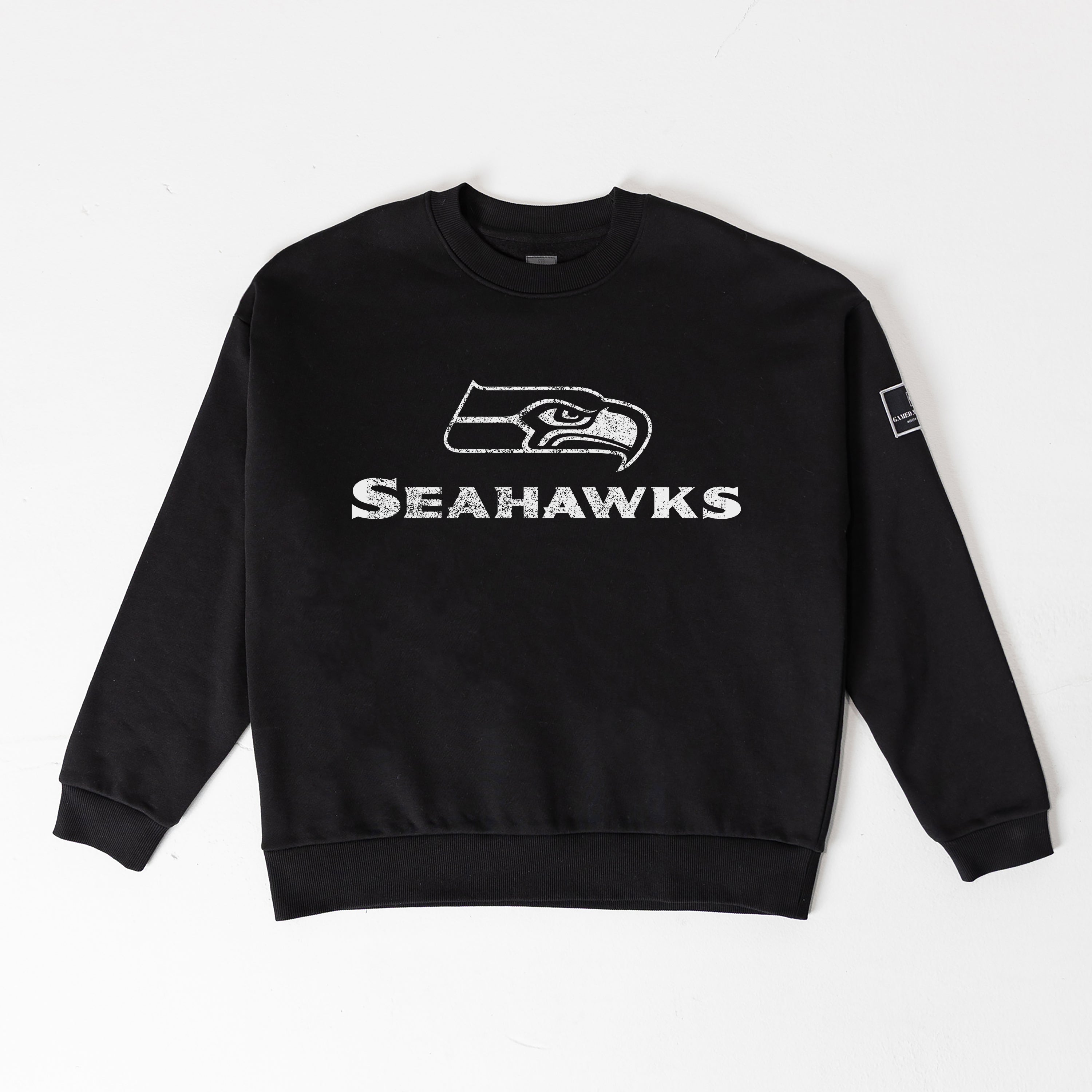 SEATTLE SEAHAWKS BOLD MOVE BLACK LABEL PREMIUM FLEECE DROP SHOULDER CREWNECK