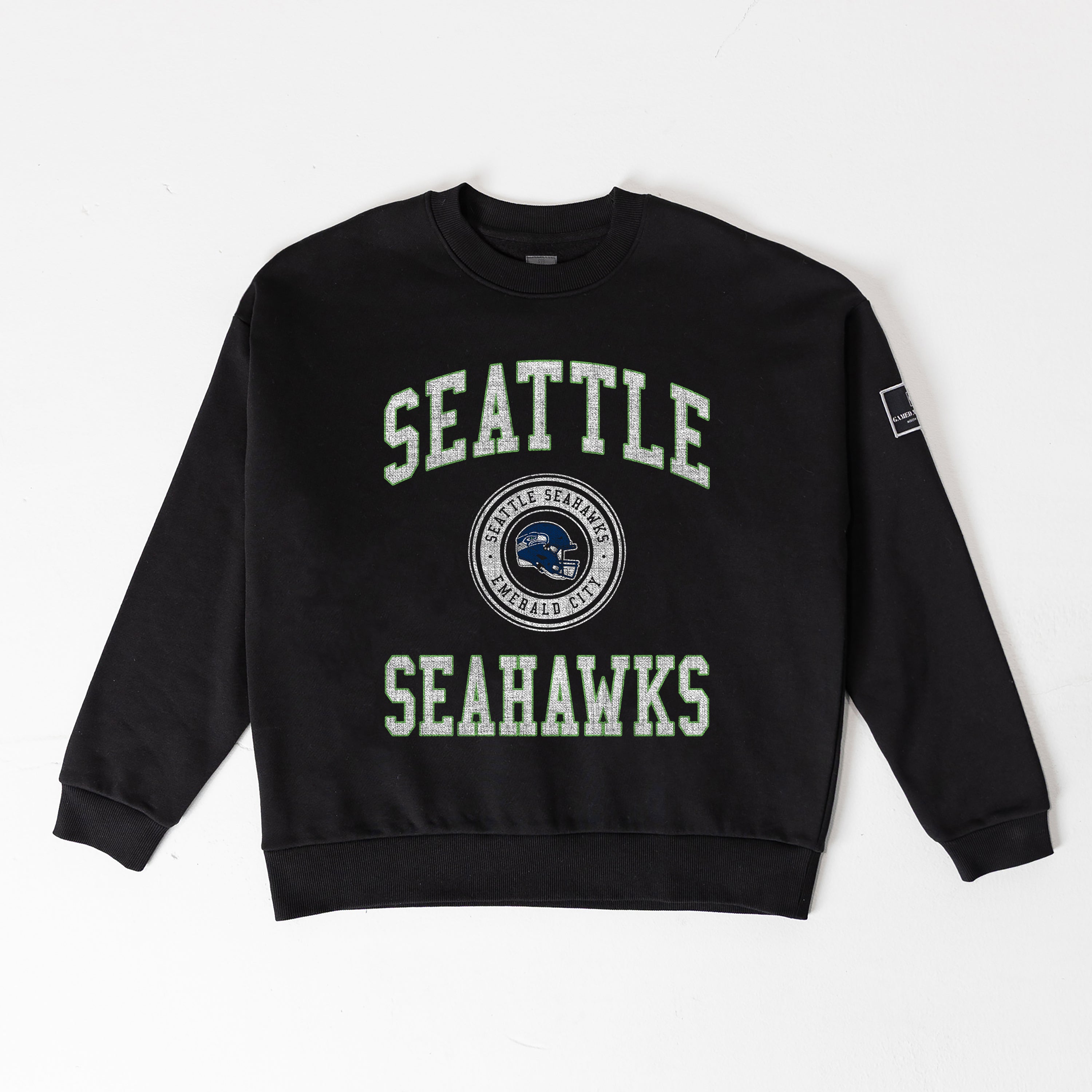 SEATTLE SEAHAWKS FIERCE FLOW BLACK LABEL PREMIUM FLEECE DROP SHOULDER CREWNECK