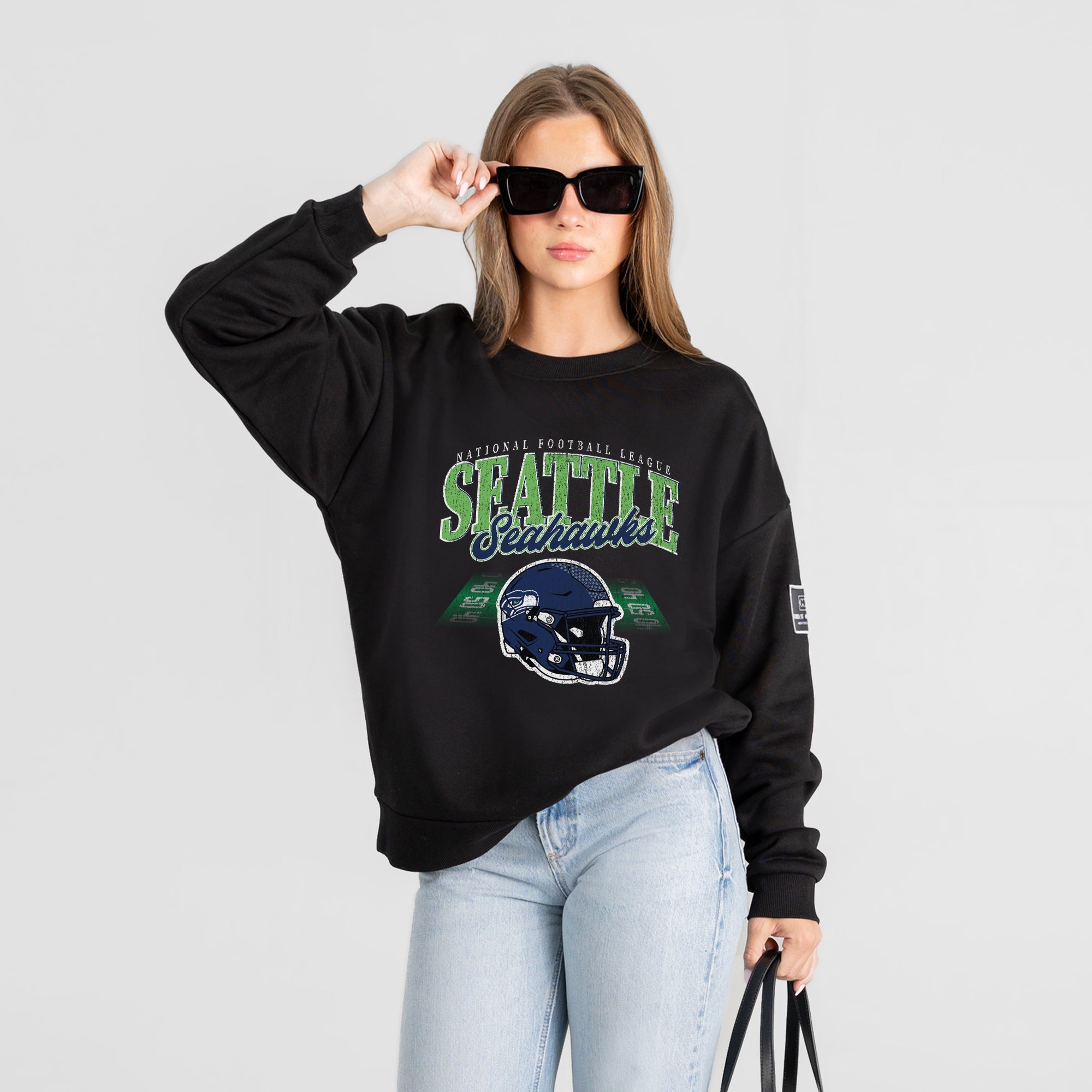 SEATTLE SEAHAWKS FIELD FOCUS BLACK LABEL PREMIUM FLEECE DROP SHOULDER CREWNECK