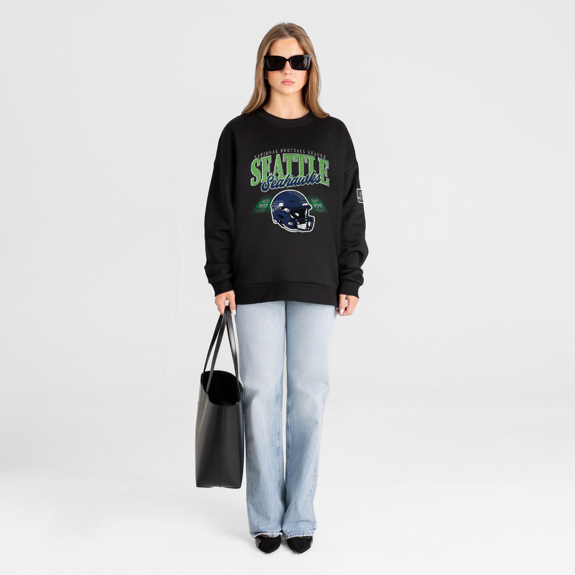 SEATTLE SEAHAWKS FIELD FOCUS BLACK LABEL PREMIUM FLEECE DROP SHOULDER CREWNECK