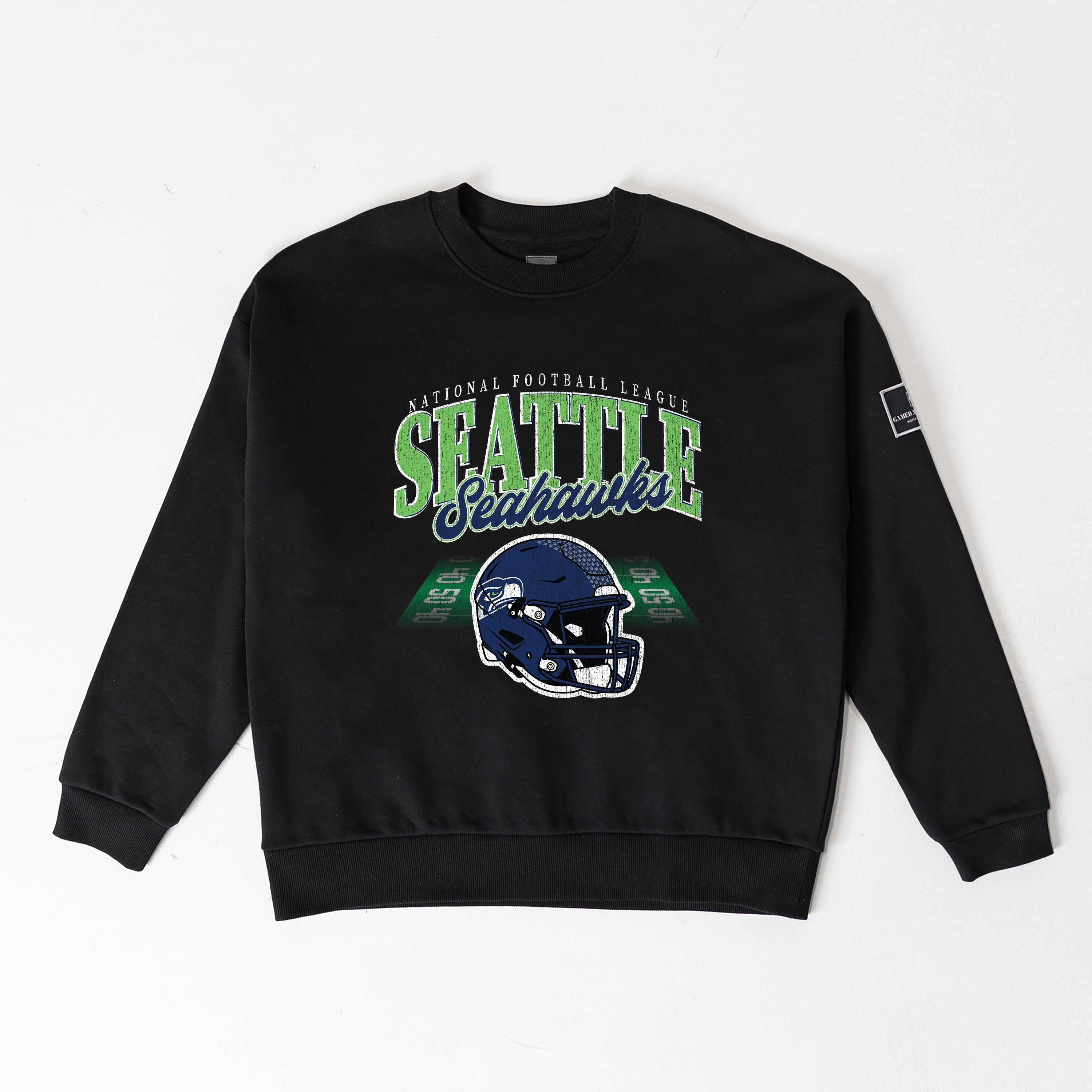 SEATTLE SEAHAWKS FIELD FOCUS BLACK LABEL PREMIUM FLEECE DROP SHOULDER CREWNECK