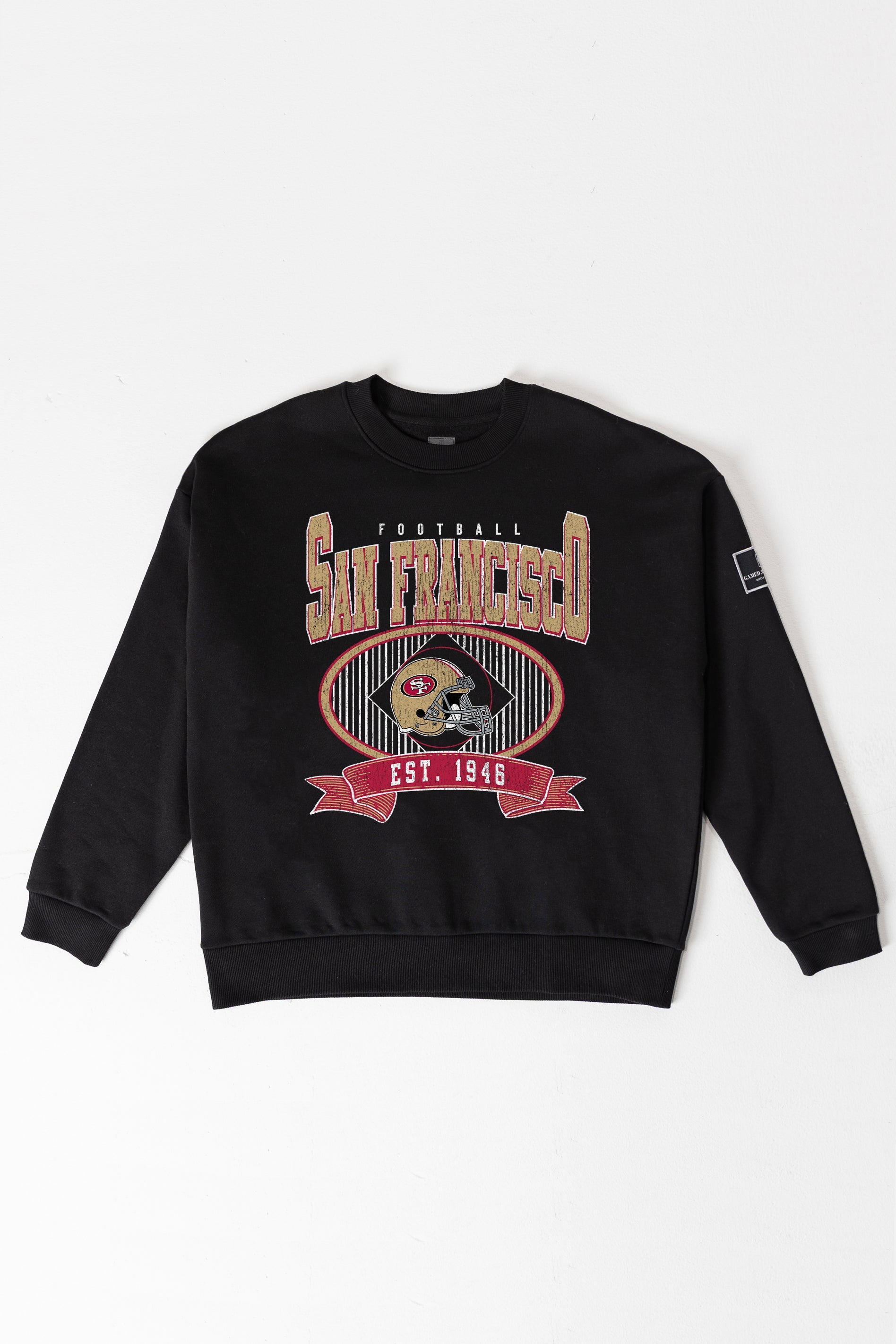 SAN FRANCISCO 49ERS BOLD CHEERS BLACK LABEL PREMIUM FLEECE CREW SWEATSHIRT