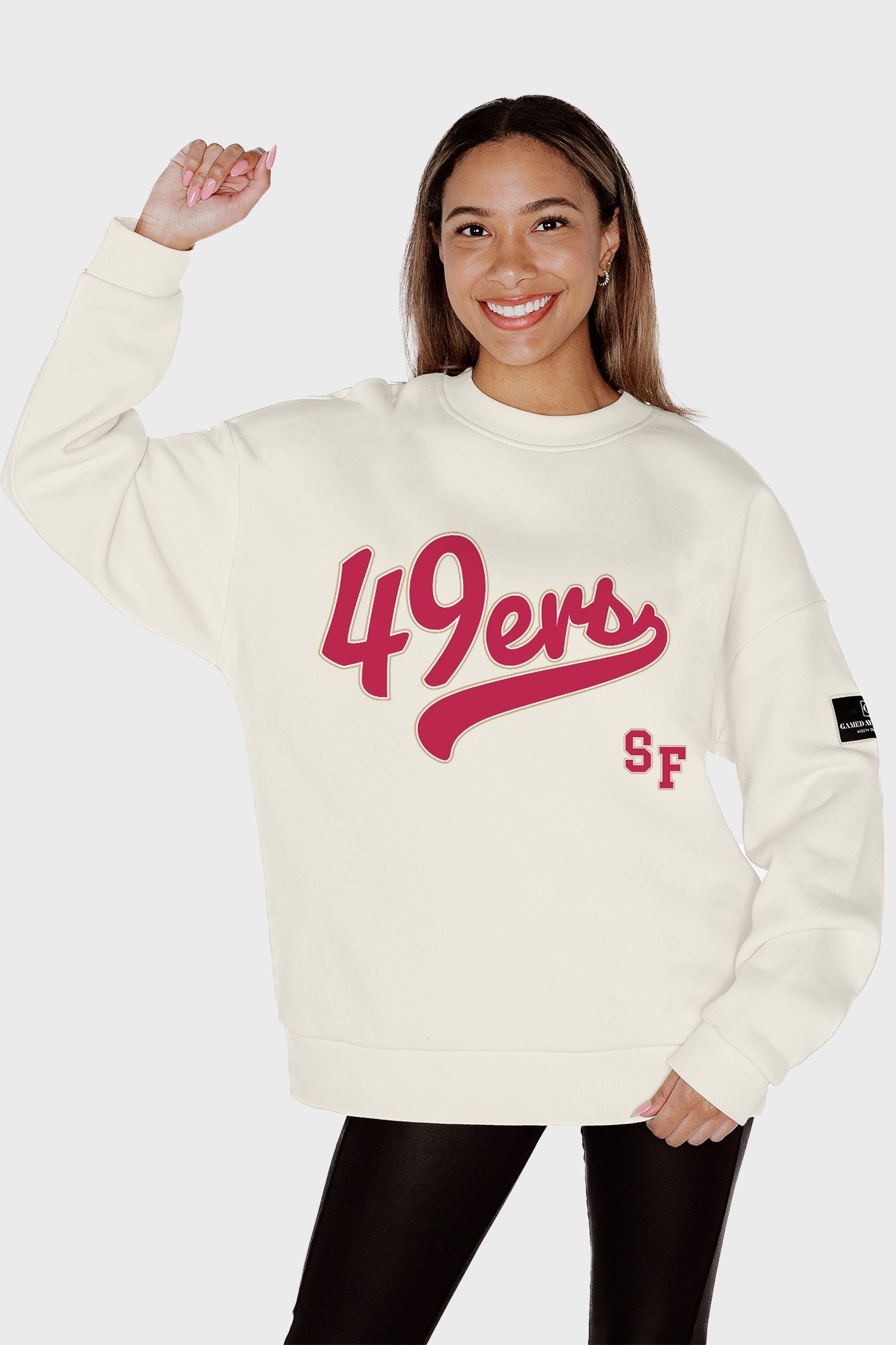SAN FRANCISCO 49ERS CLUTCH MOVE BLACK LABEL PREMIUM FLEECE CREW SWEATSHIRT BY RANDI MAHOMES