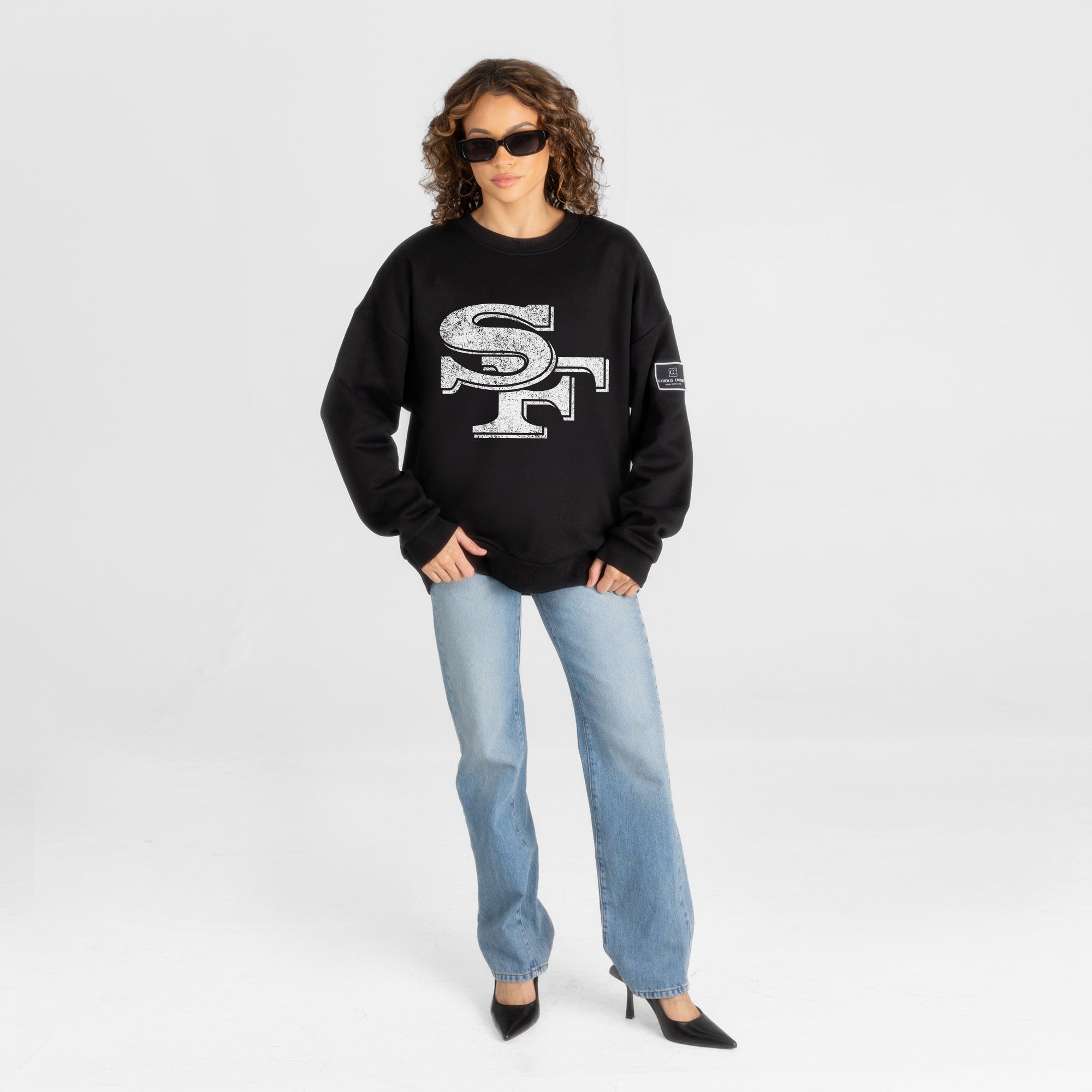 SAN FRANCISCO 49ERS BOLD MOVE BLACK LABEL PREMIUM FLEECE DROP SHOULDER CREWNECK