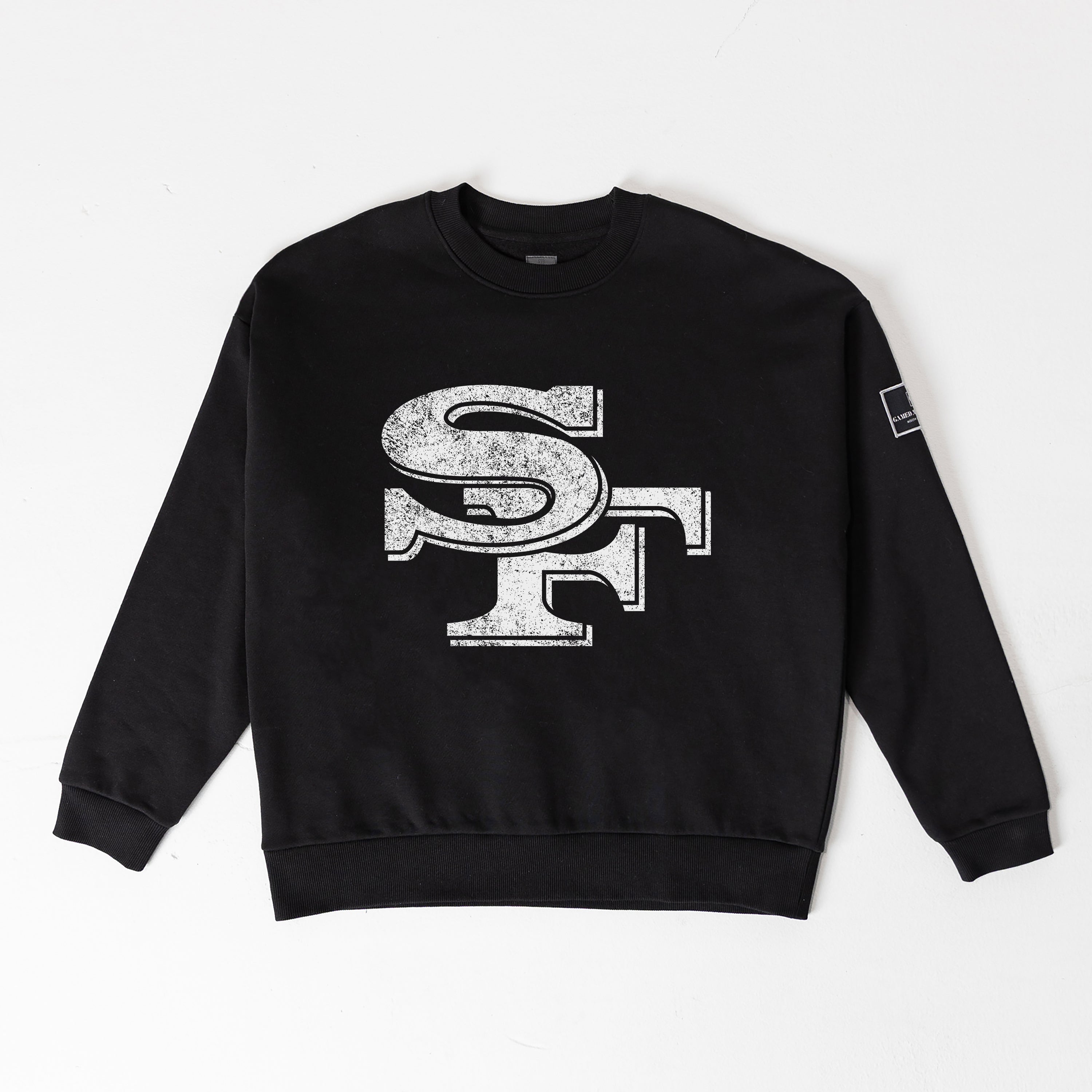 SAN FRANCISCO 49ERS BOLD MOVE BLACK LABEL PREMIUM FLEECE DROP SHOULDER CREWNECK