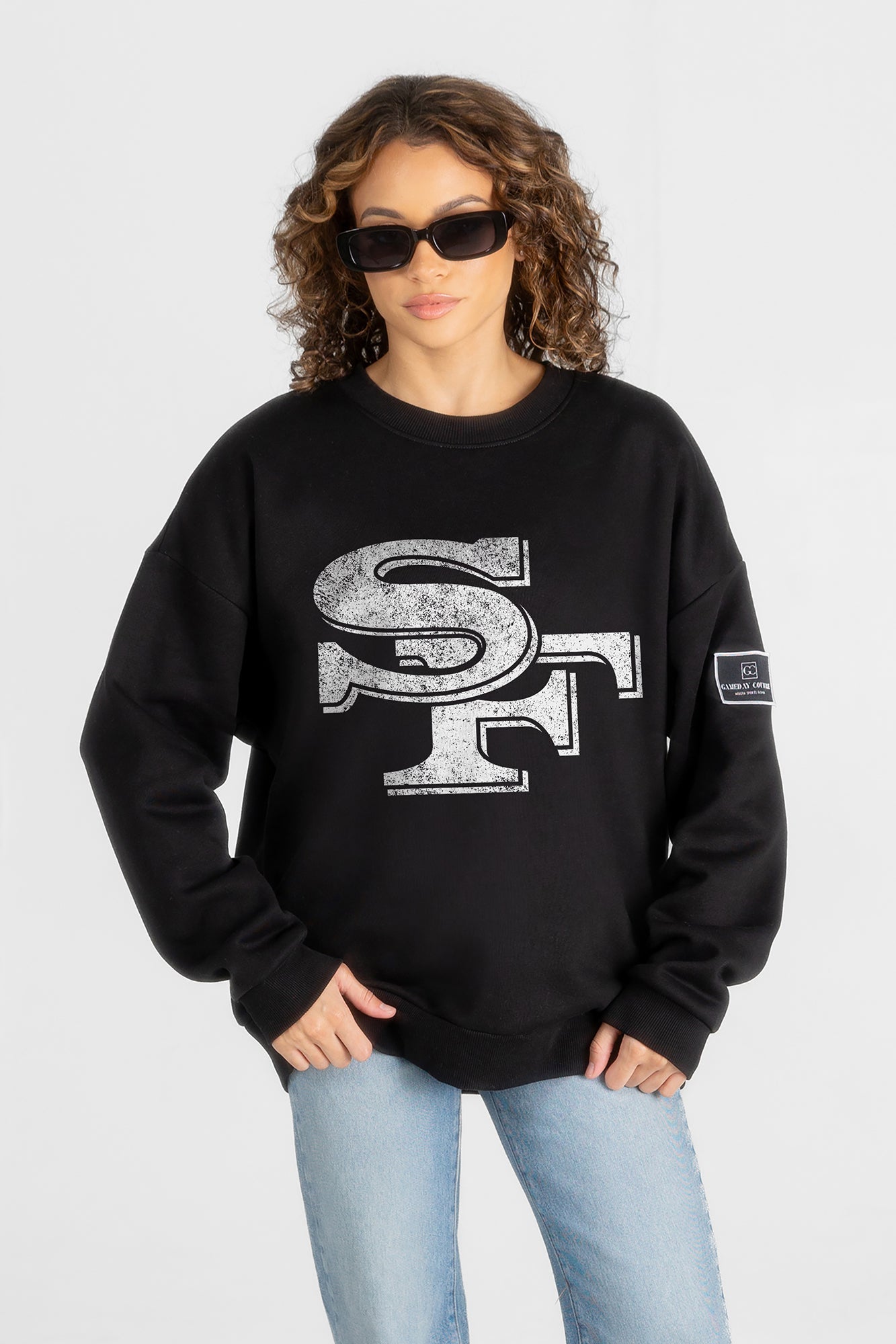 SAN FRANCISCO 49ERS BOLD MOVE BLACK LABEL PREMIUM FLEECE DROP SHOULDER CREWNECK