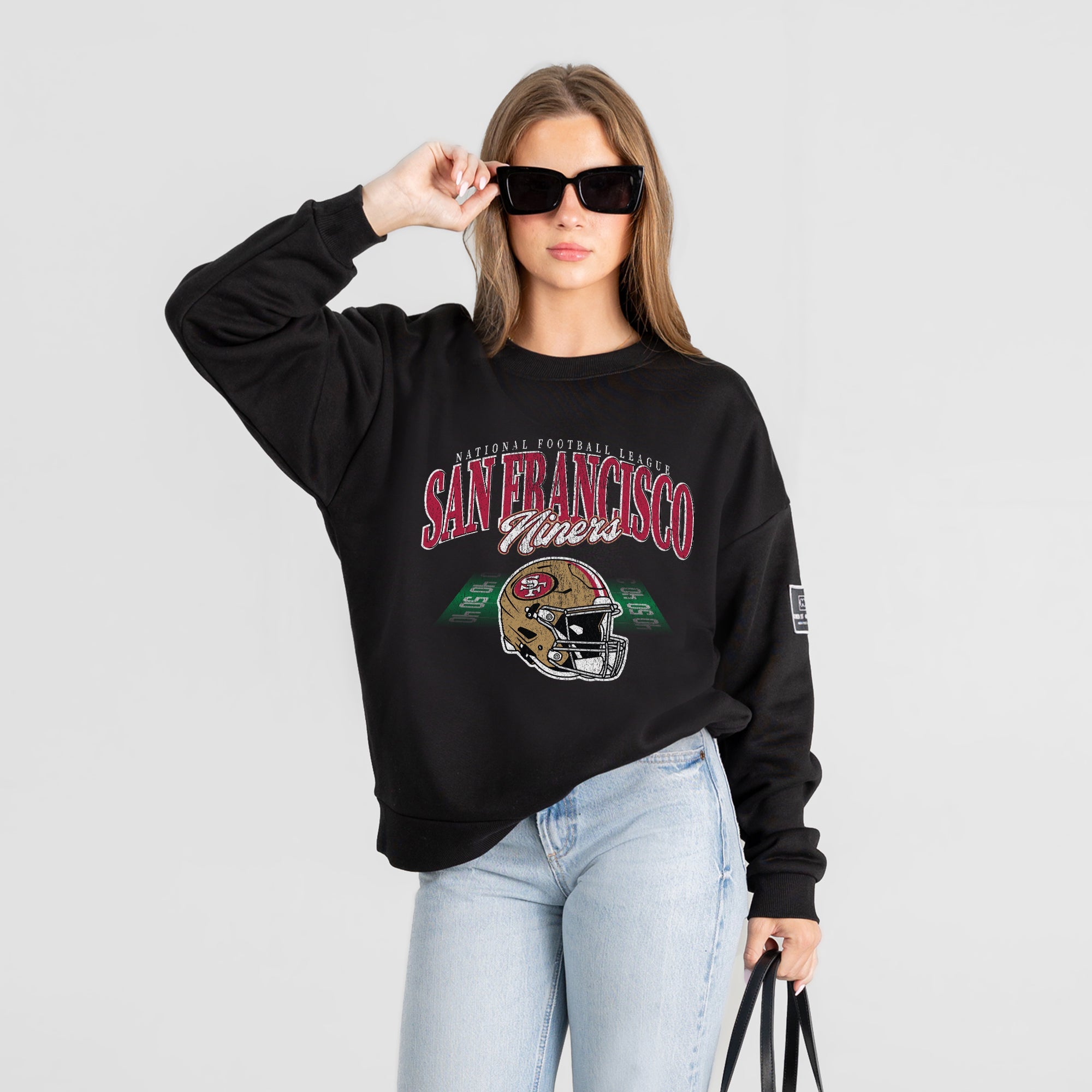 SAN FRANCISCO 49ERS FIELD FOCUS BLACK LABEL PREMIUM FLEECE DROP SHOULDER CREWNECK