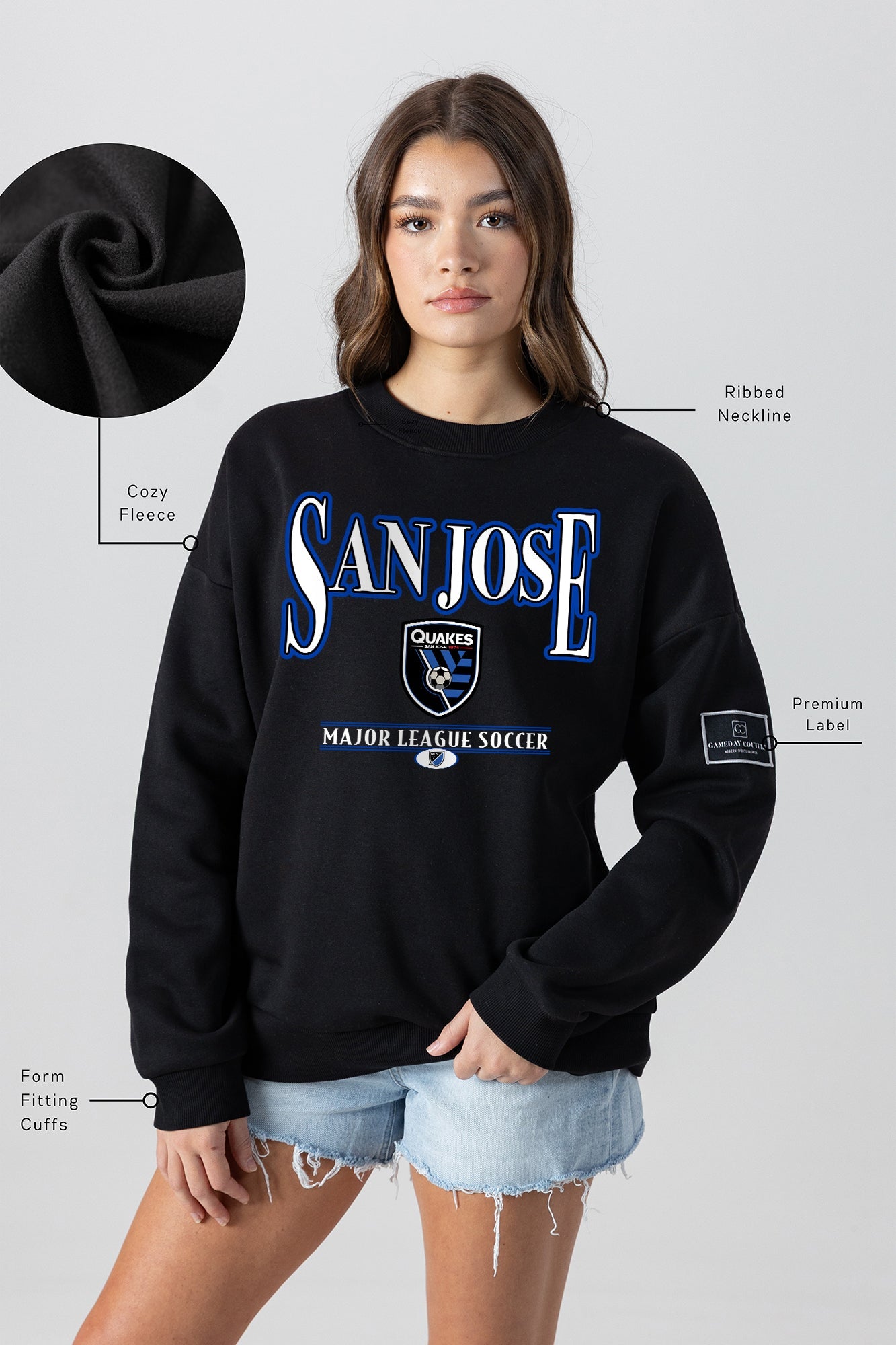 SAN JOSE EARTHQUAKES PLAYERS ONLY BLACK LABEL PREMIUM FLEECE DROP SHOULDER CREWNECK