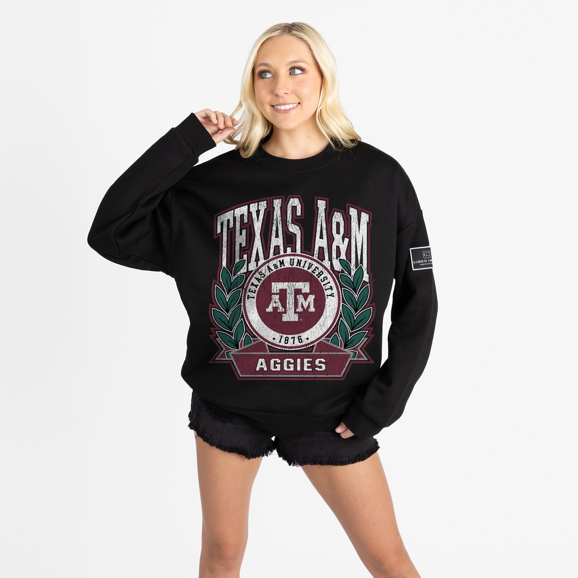 TEXAS A&M AGGIES VICTORY LANE BLACK LABEL PREMIUM FLEECE DROP SHOULDER CREWNECK