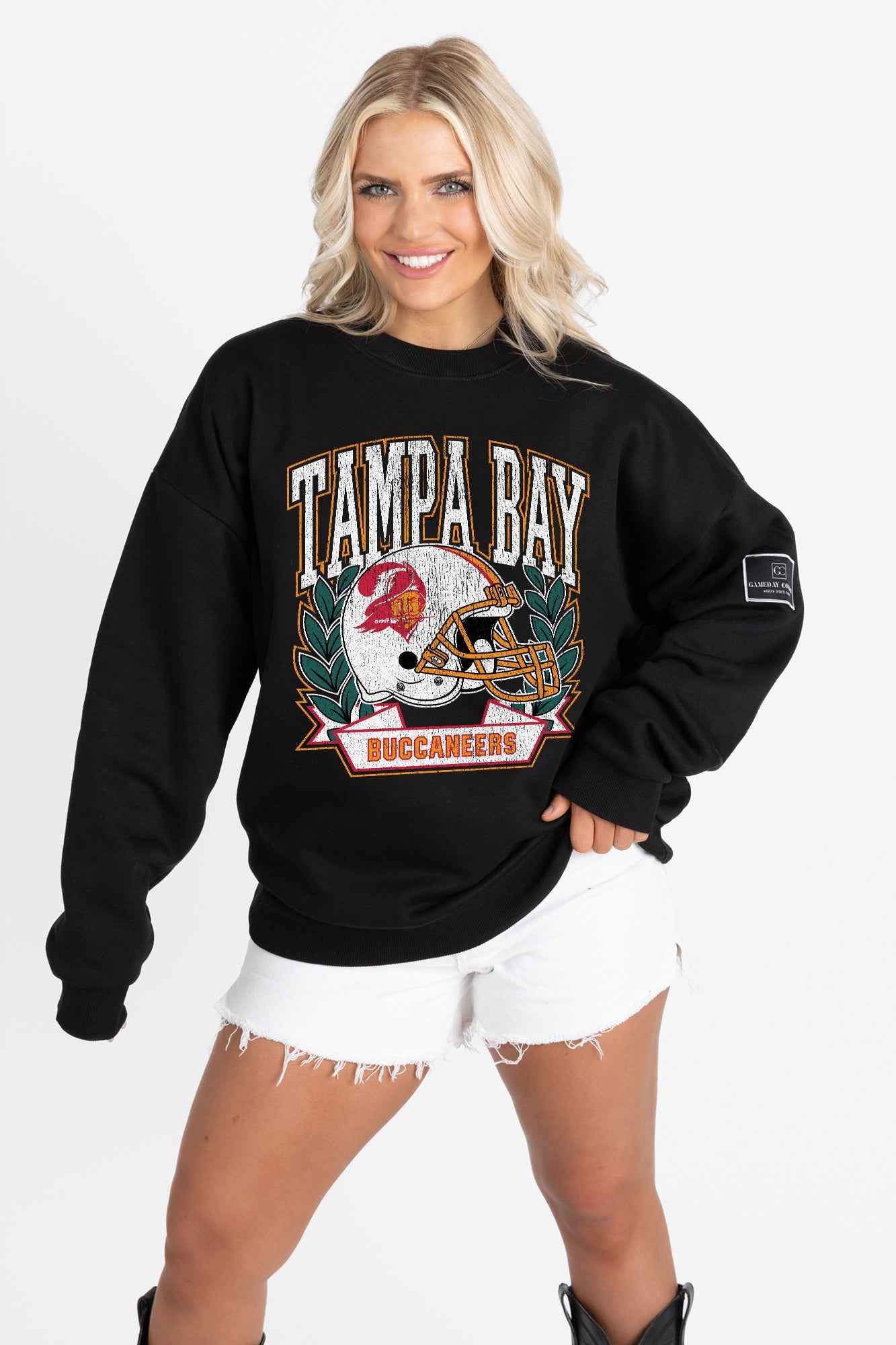 TAMPA BAY BUCCANEERS VICTORY LANE BLACK LABEL PREMIUM FLEECE CREW SWEATSHIRT
