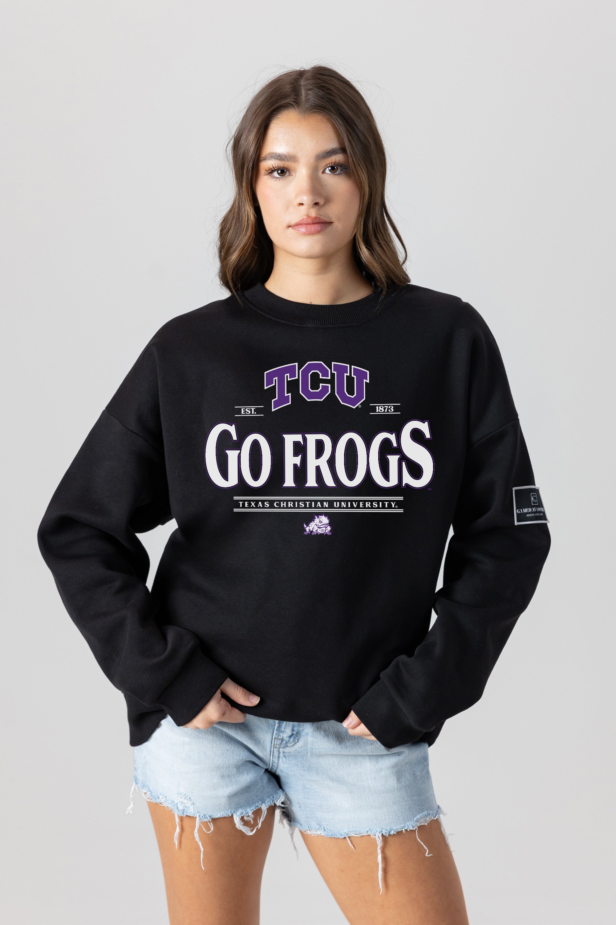 TCU HORNED FROGS PLAYERS ONLY BLACK LABEL PREMIUM FLEECE DROP SHOULDER CREWNECK